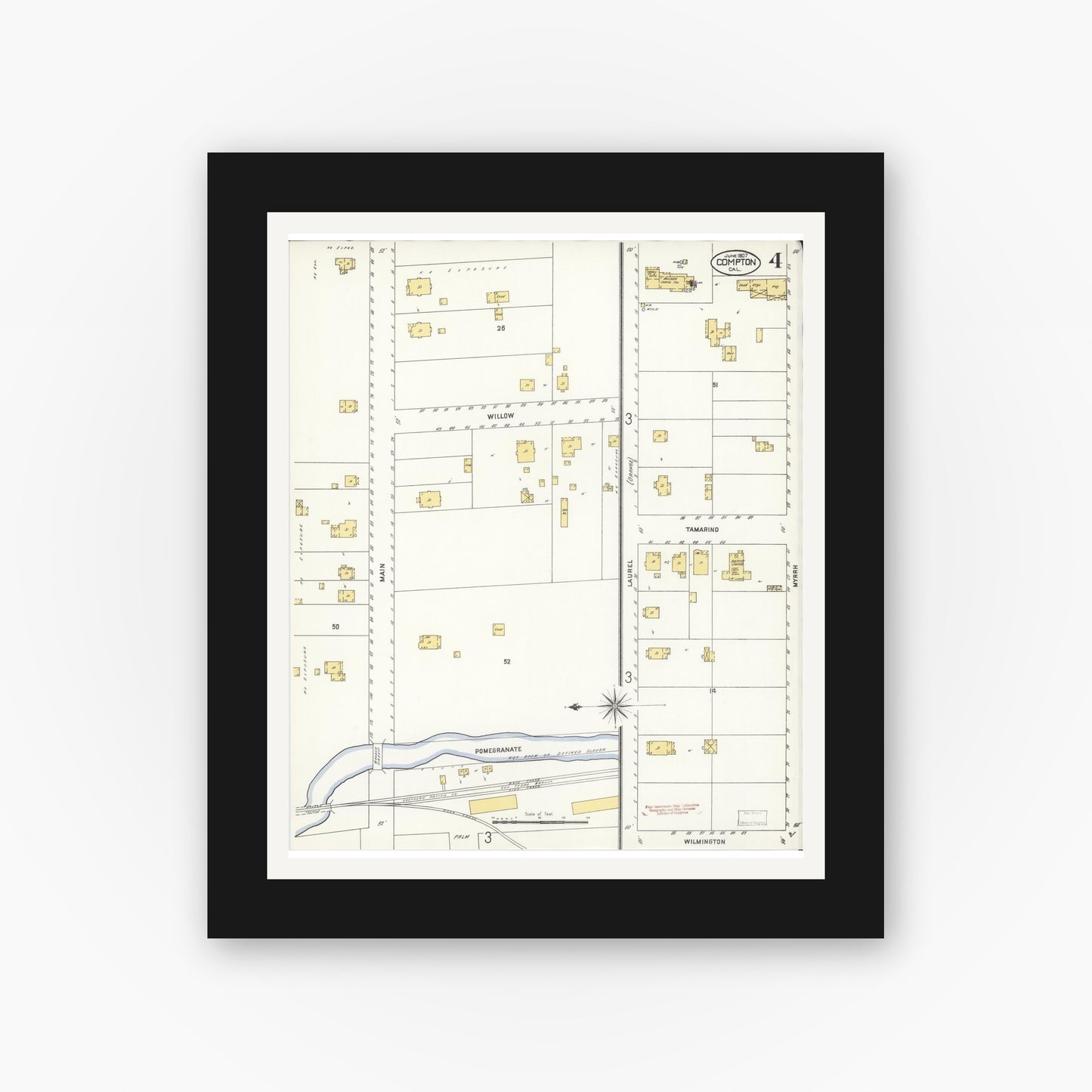 Old map wall art mockup — black gallery frame with white mat — Sanborn Fire Insurance Map from Compton, Los Angeles County, California (1907), Sheet #0004