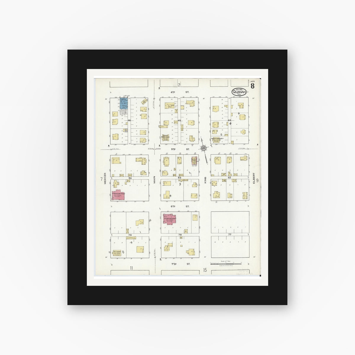 Old map wall art mockup — black gallery frame with white mat — Sanborn Fire Insurance Map from Quanah, Hardeman County, Texas (1921), Sheet #0008