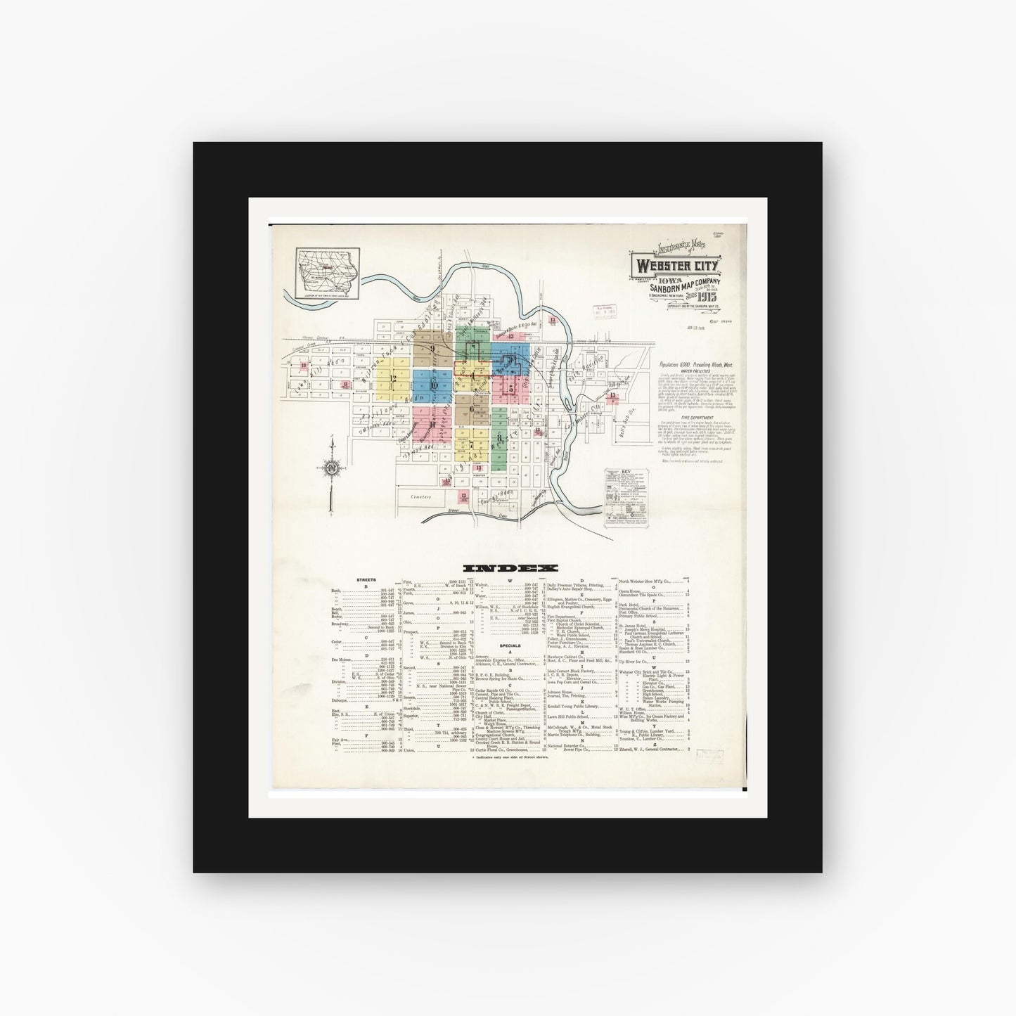 Old map wall art mockup — black gallery frame with white mat — Sanborn Fire Insurance Map from Webster City, Hamilton County, Iowa (1915), Sheet #0001