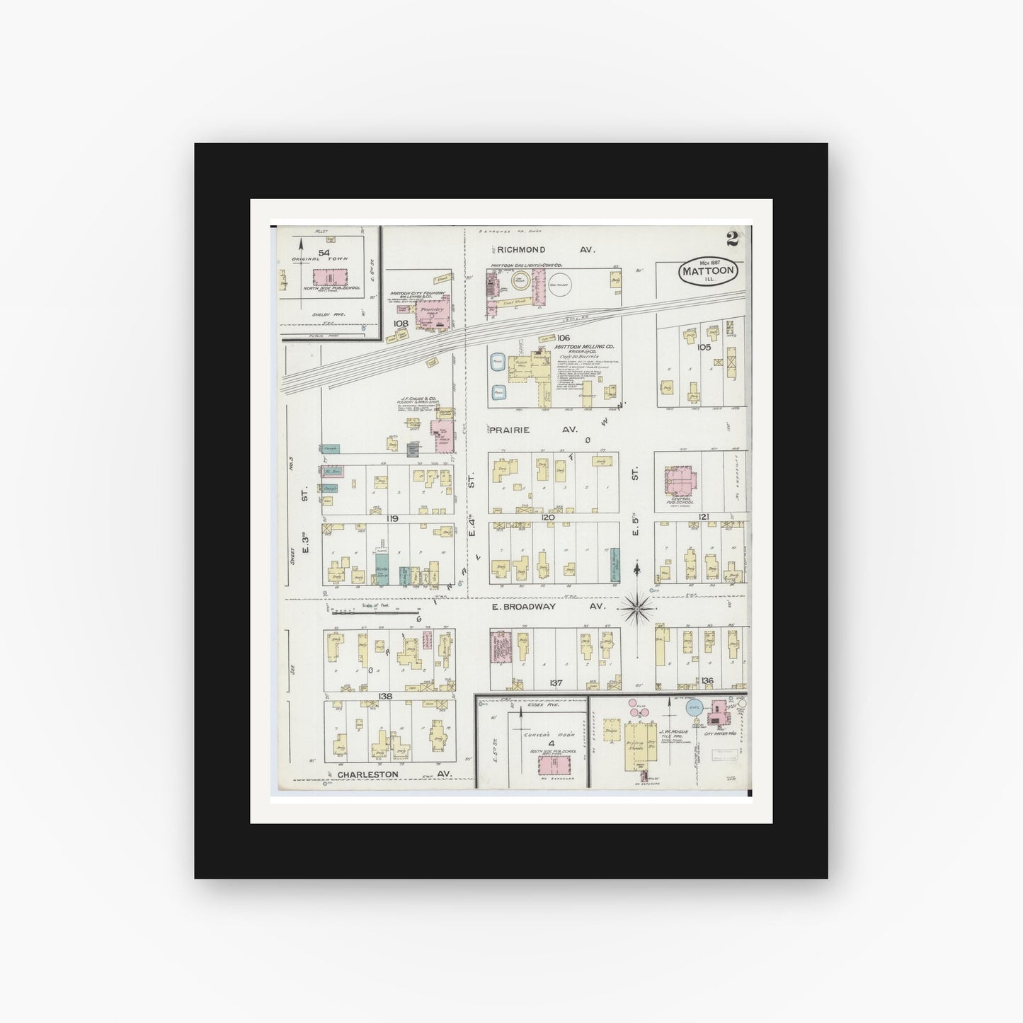 Old map wall art mockup — black gallery frame with white mat — Sanborn Fire Insurance Map from Mattoon, Coles County, Illinois (1887), Sheet #0002
