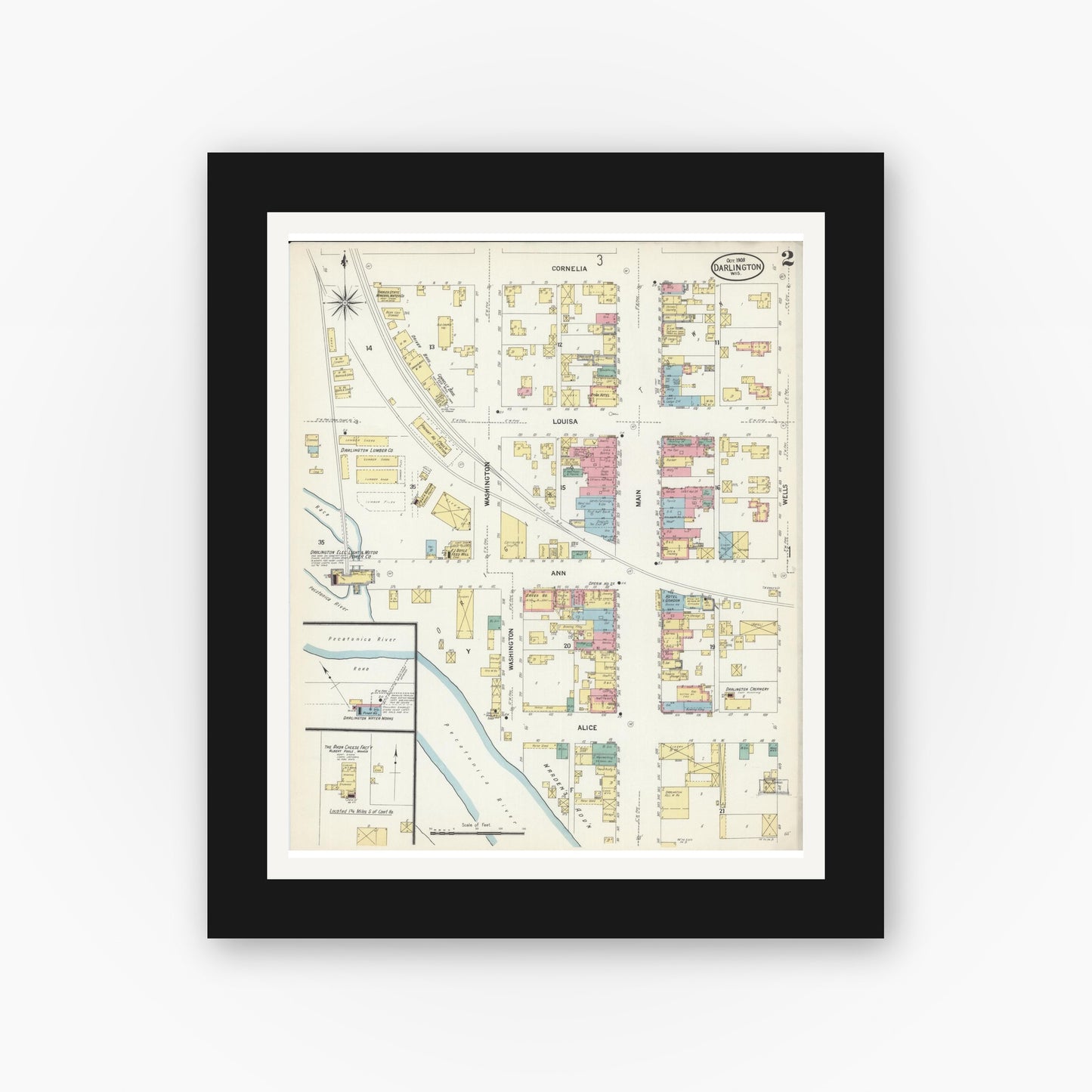 Old map wall art mockup — black gallery frame with white mat — Sanborn Fire Insurance Map from Darlington, Lafayette County, Wisconsin (1908), Sheet #0002