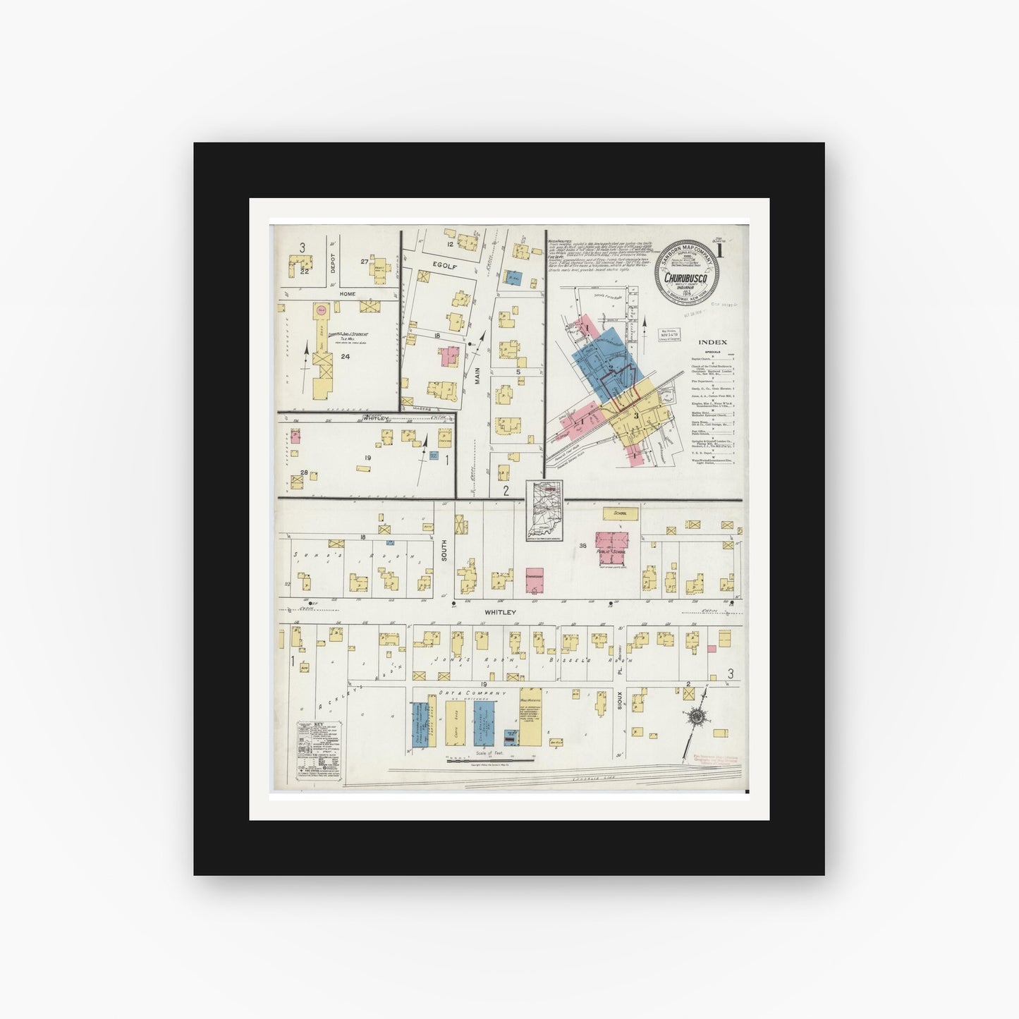 Old map wall art mockup — black gallery frame with white mat — Sanborn Fire Insurance Map from Churubusco, Whitley County, Indiana (1919) - Complete Map Set
