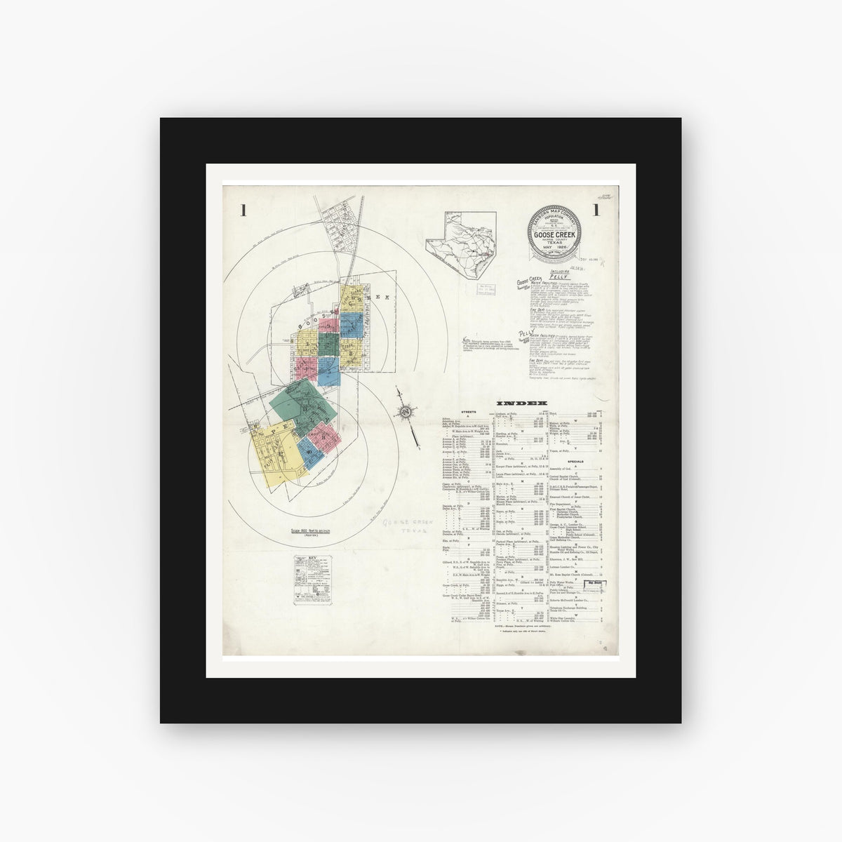 Old map wall art mockup — black gallery frame with white mat — Sanborn Fire Insurance Map from Goose Creek, Harris County, Texas (1926), Sheet #0001