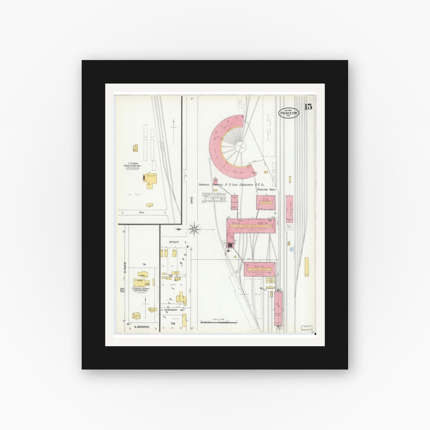 Old map wall art mockup — black gallery frame with white mat — Sanborn Fire Insurance Map from Princeton, Gibson County, Indiana (1900), Sheet #0015