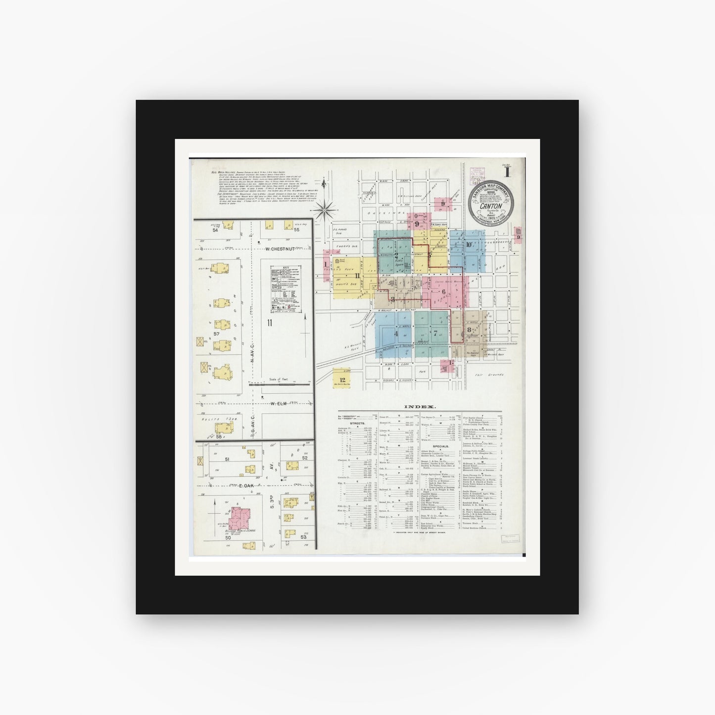 Old map wall art mockup — black gallery frame with white mat — Sanborn Fire Insurance Map from Canton, Fulton County, Illinois (1902), Sheet #0001