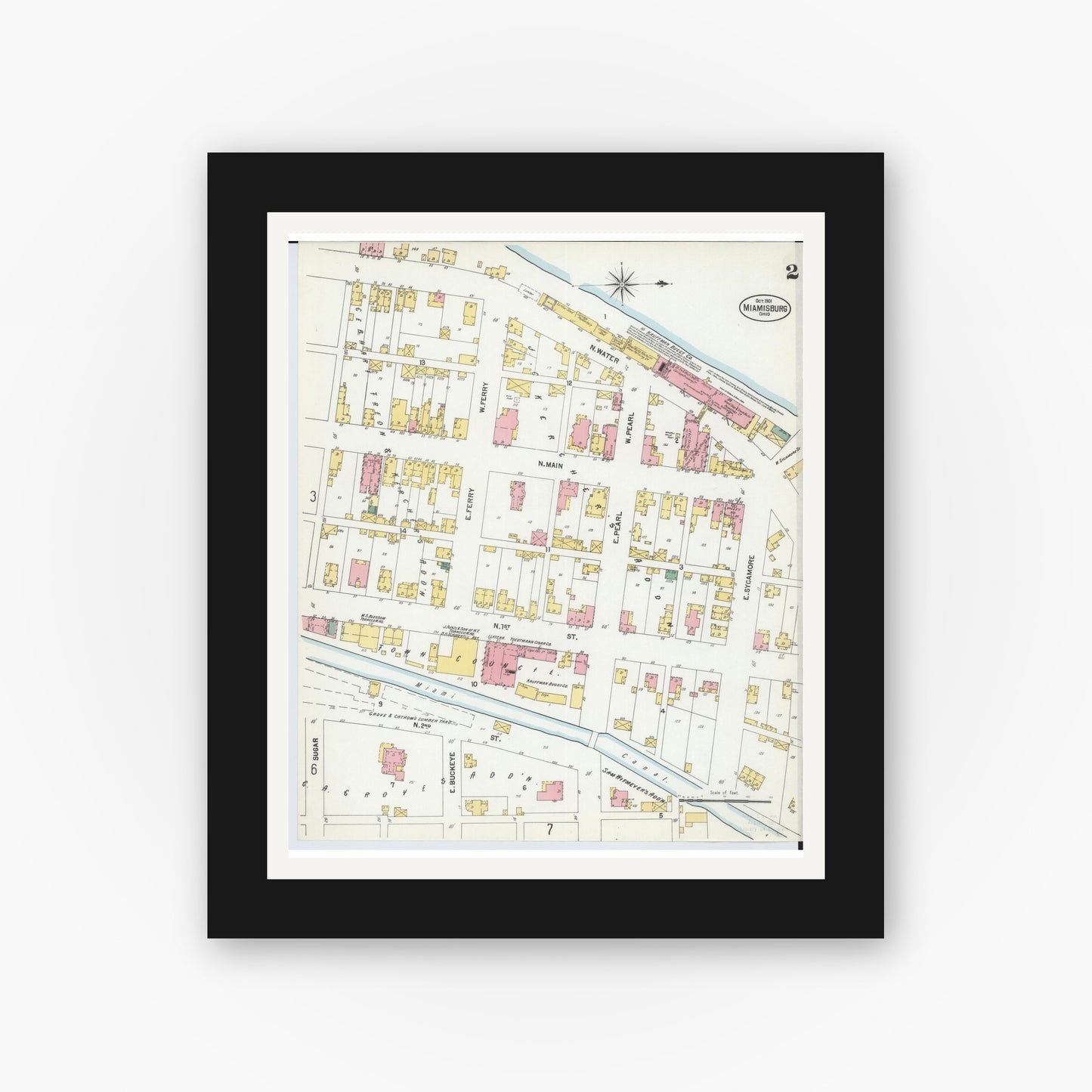 Old map wall art mockup — black gallery frame with white mat — Sanborn Fire Insurance Map from Miamisburg, Montgomery County, Ohio (1901), Sheet #0002