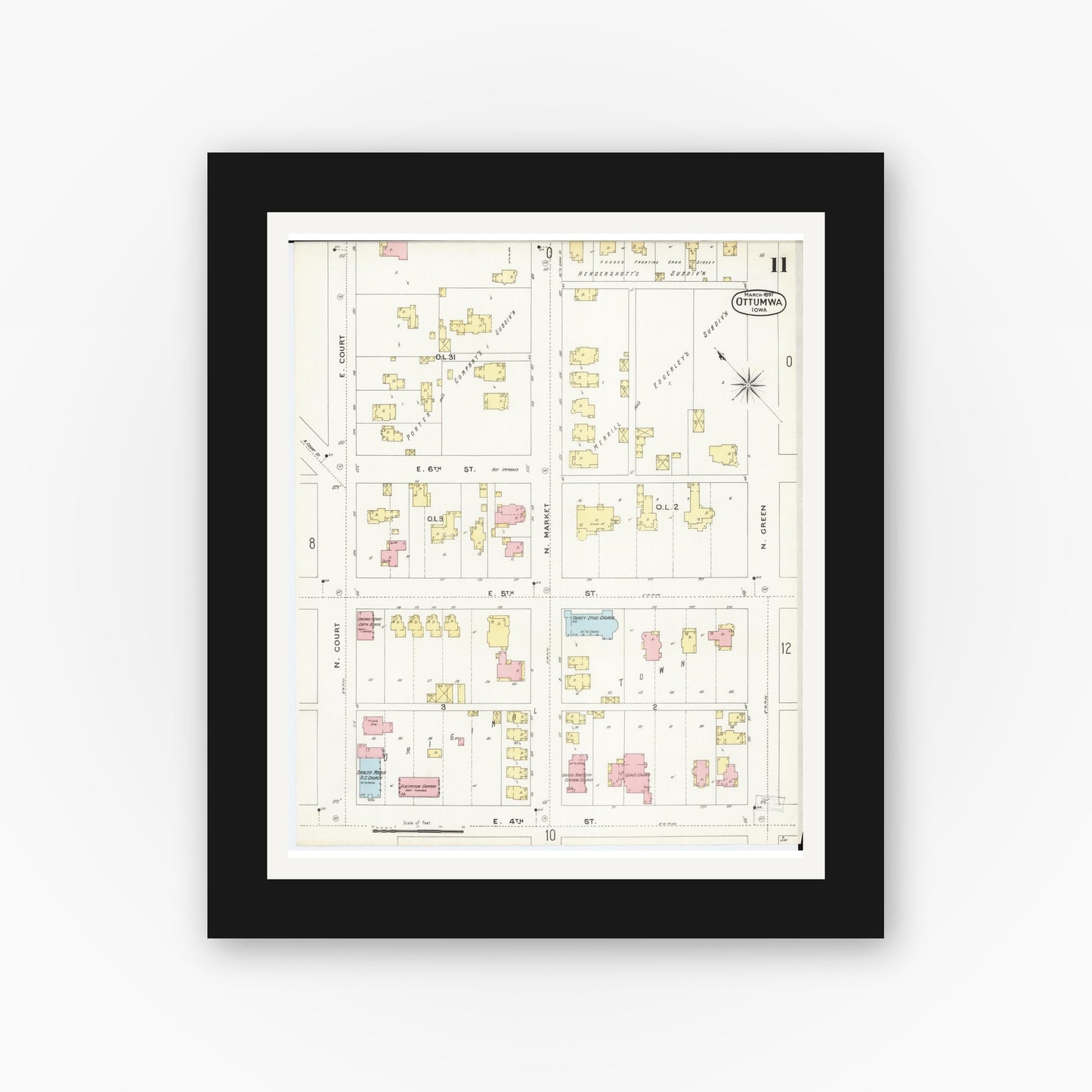 Old map wall art mockup β black gallery frame with white mat β Sanborn Fire Insurance Map from Ottumwa, Wapello County, Iowa (1897), Sheet #0011