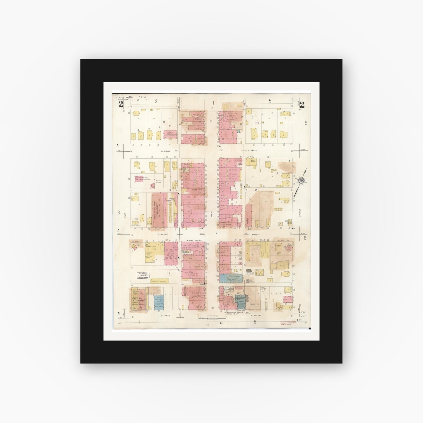 Old map wall art mockup — black gallery frame with white mat — Sanborn Fire Insurance Map from Slater, Saline County, Missouri (1944), Sheet #0002