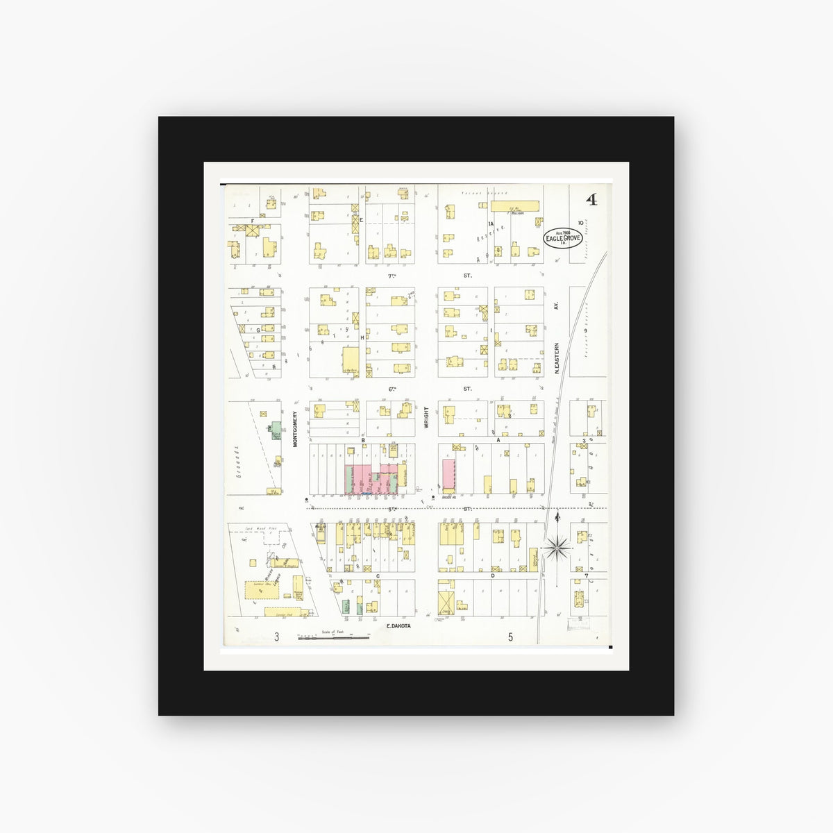Old map wall art mockup — black gallery frame with white mat — Sanborn Fire Insurance Map from Eagle Grove, Wright County, Iowa (1900), Sheet #0004