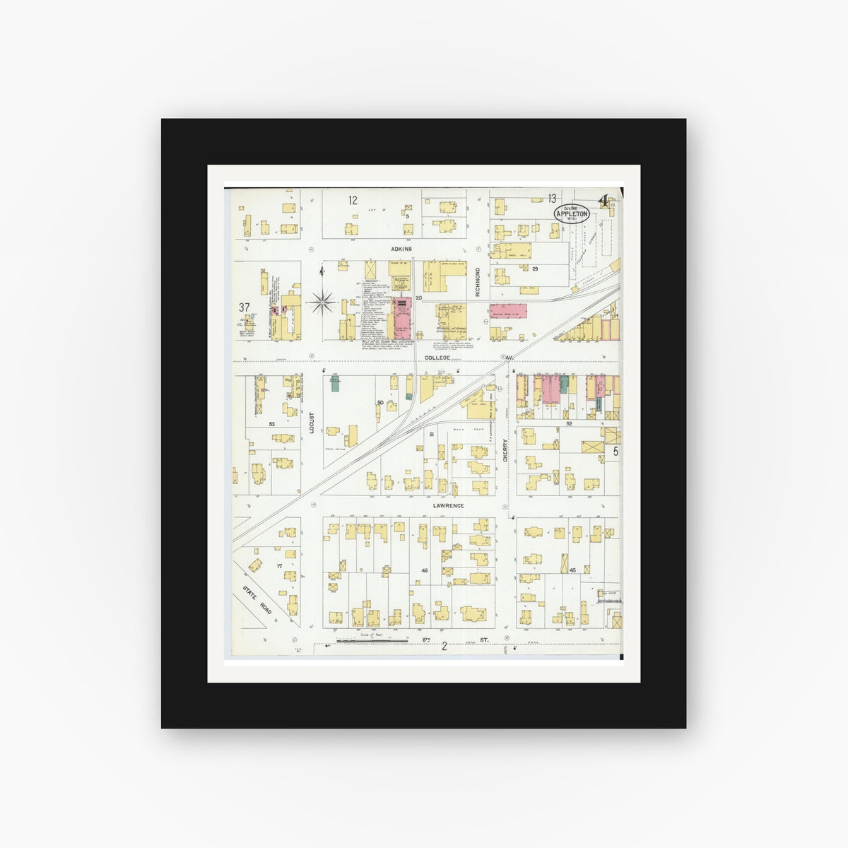 Old map wall art mockup — black gallery frame with white mat — Sanborn Fire Insurance Map from Appleton, Outagamie County, Wisconsin (1901), Sheet #0004