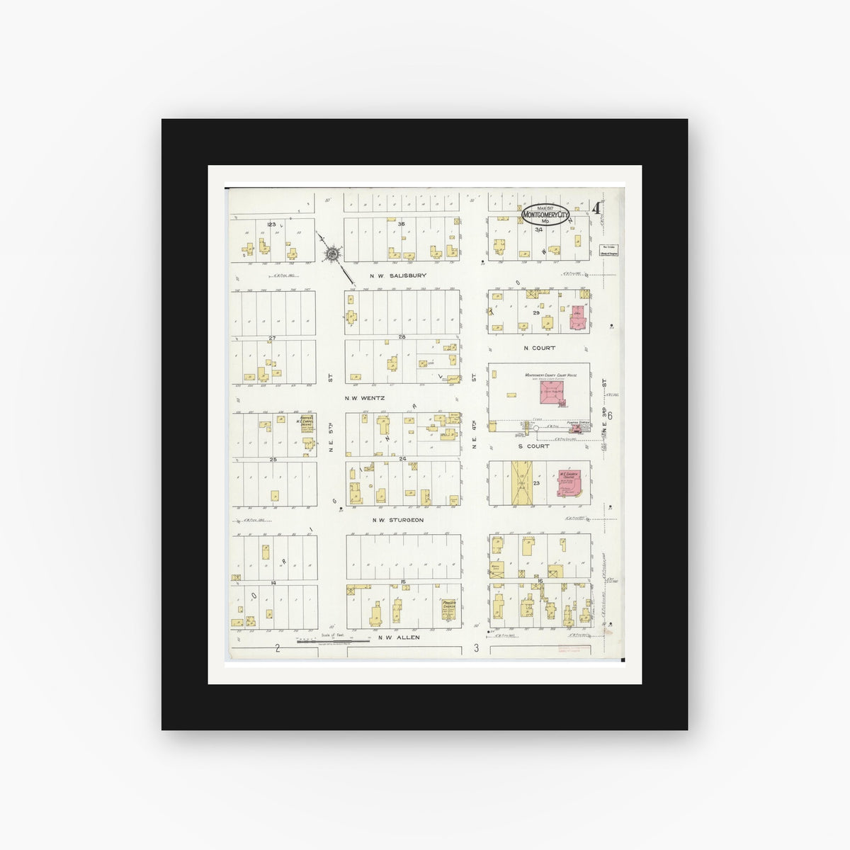 Old map wall art mockup — black gallery frame with white mat — Sanborn Fire Insurance Map from Montgomery City, Montgomery County, Missouri (1917), Sheet #0004
