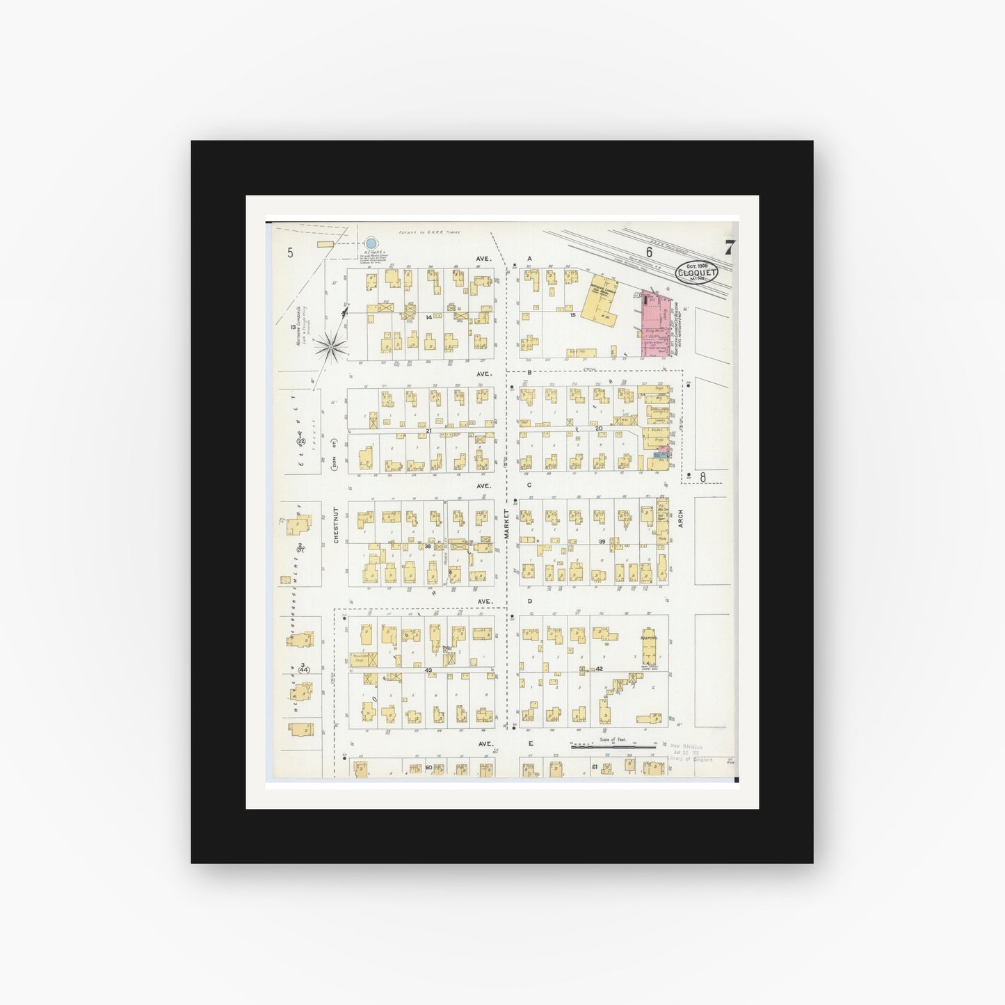 Old map wall art mockup — black gallery frame with white mat — Sanborn Fire Insurance Map from Cloquet, Carlton County, Minnesota (1905), Sheet #0007