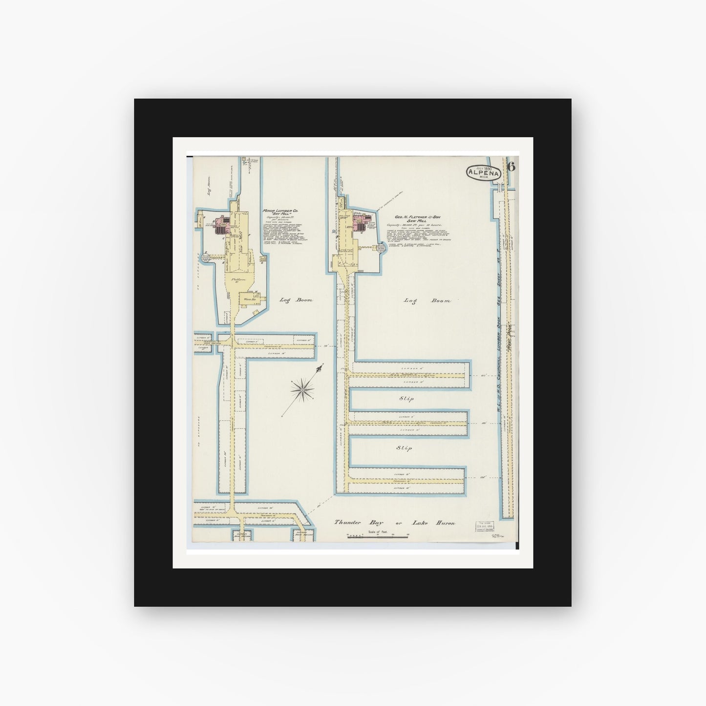 Old map wall art mockup — black gallery frame with white mat — Sanborn Fire Insurance Map from Alpena, Alpena County, Michigan (1890), Sheet #0006