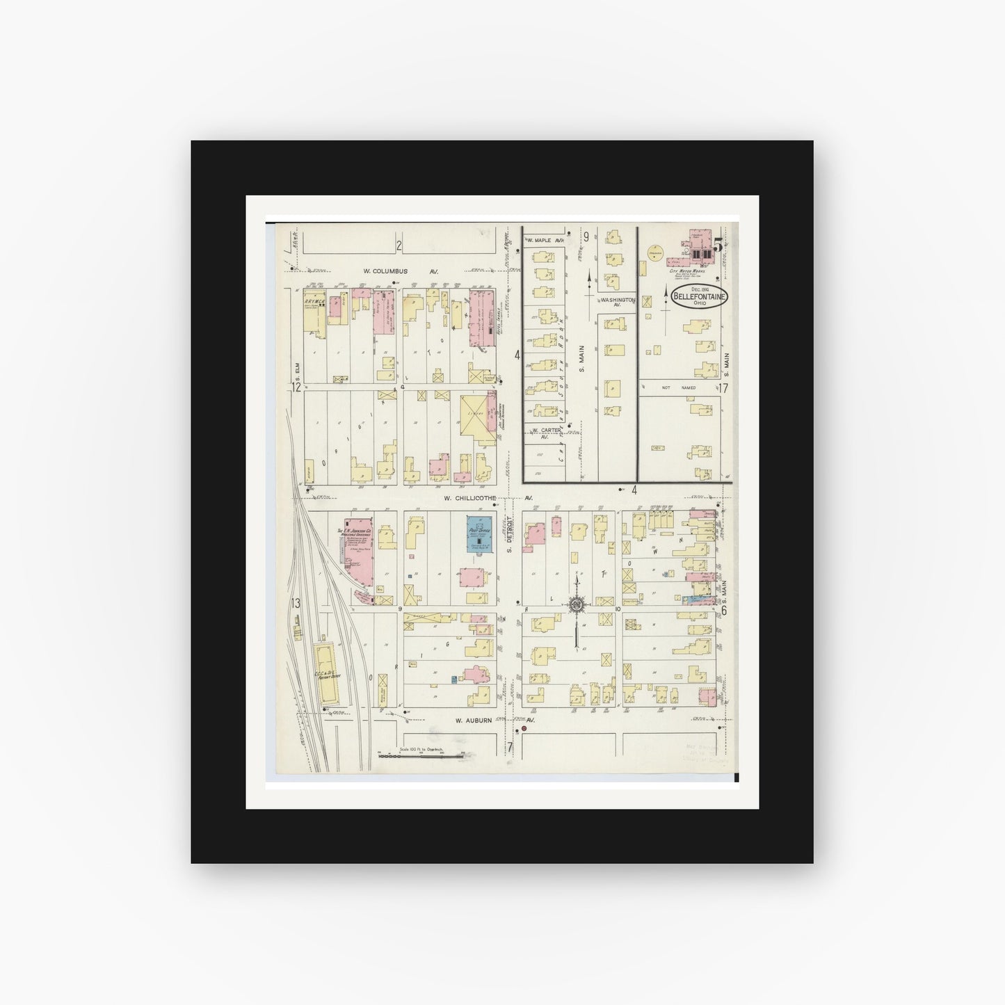 Old map wall art mockup — black gallery frame with white mat — Sanborn Fire Insurance Map from Bellefontaine, Logan County, Ohio (1914), Sheet #0005