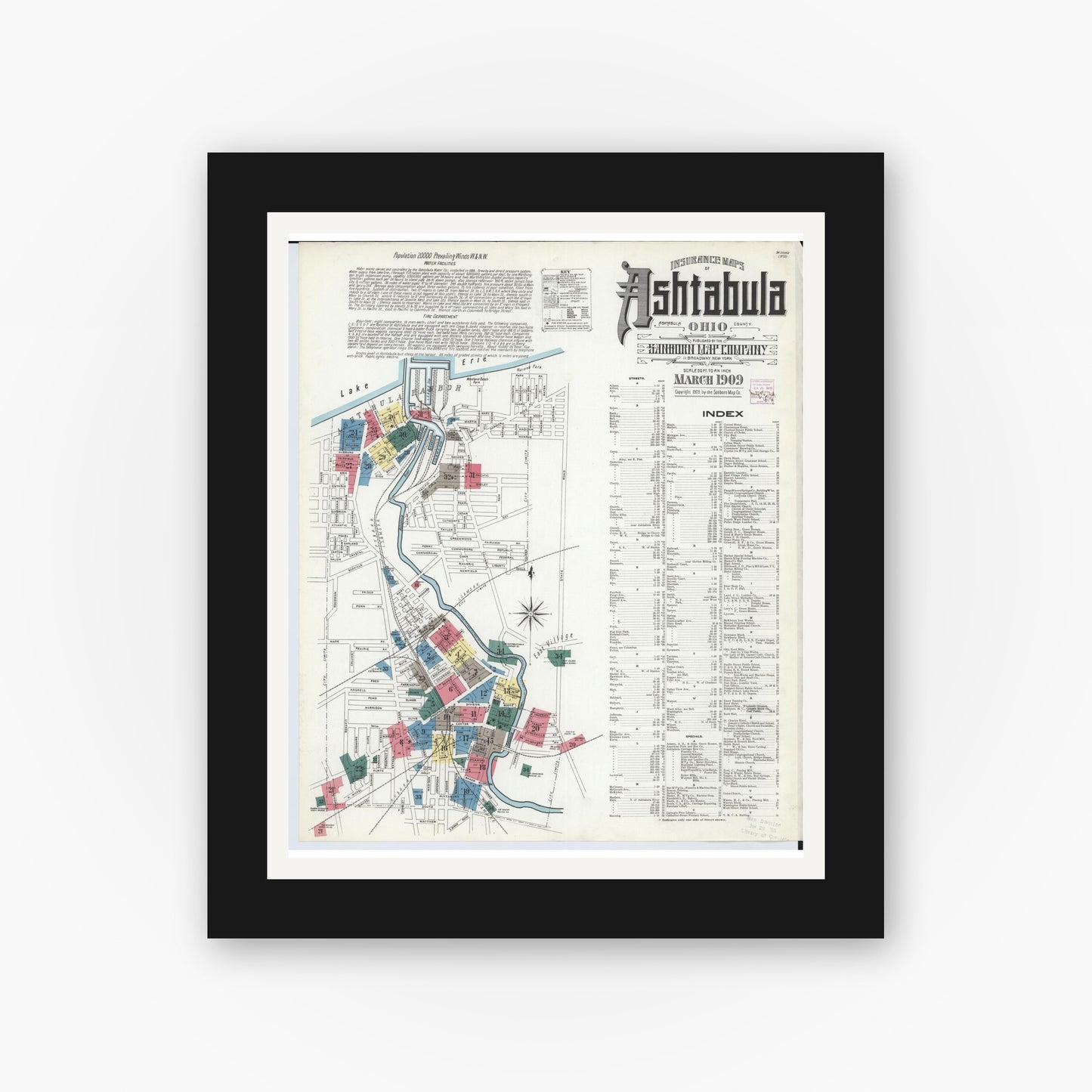 Old map wall art mockup — black gallery frame with white mat — Sanborn Fire Insurance Map from Ashtabula, Ashtabula County, Ohio (1909), Sheet #0001