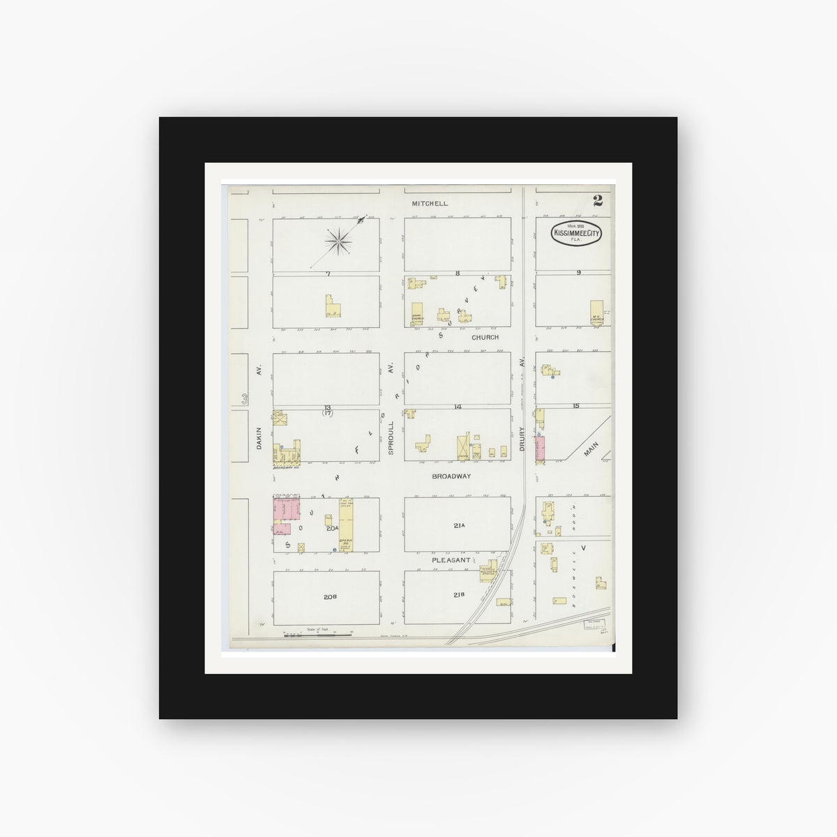 Old map wall art mockup β black gallery frame with white mat β Sanborn Fire Insurance Map from Kissimmee, Osceola County, Florida (1893), Sheet #0002
