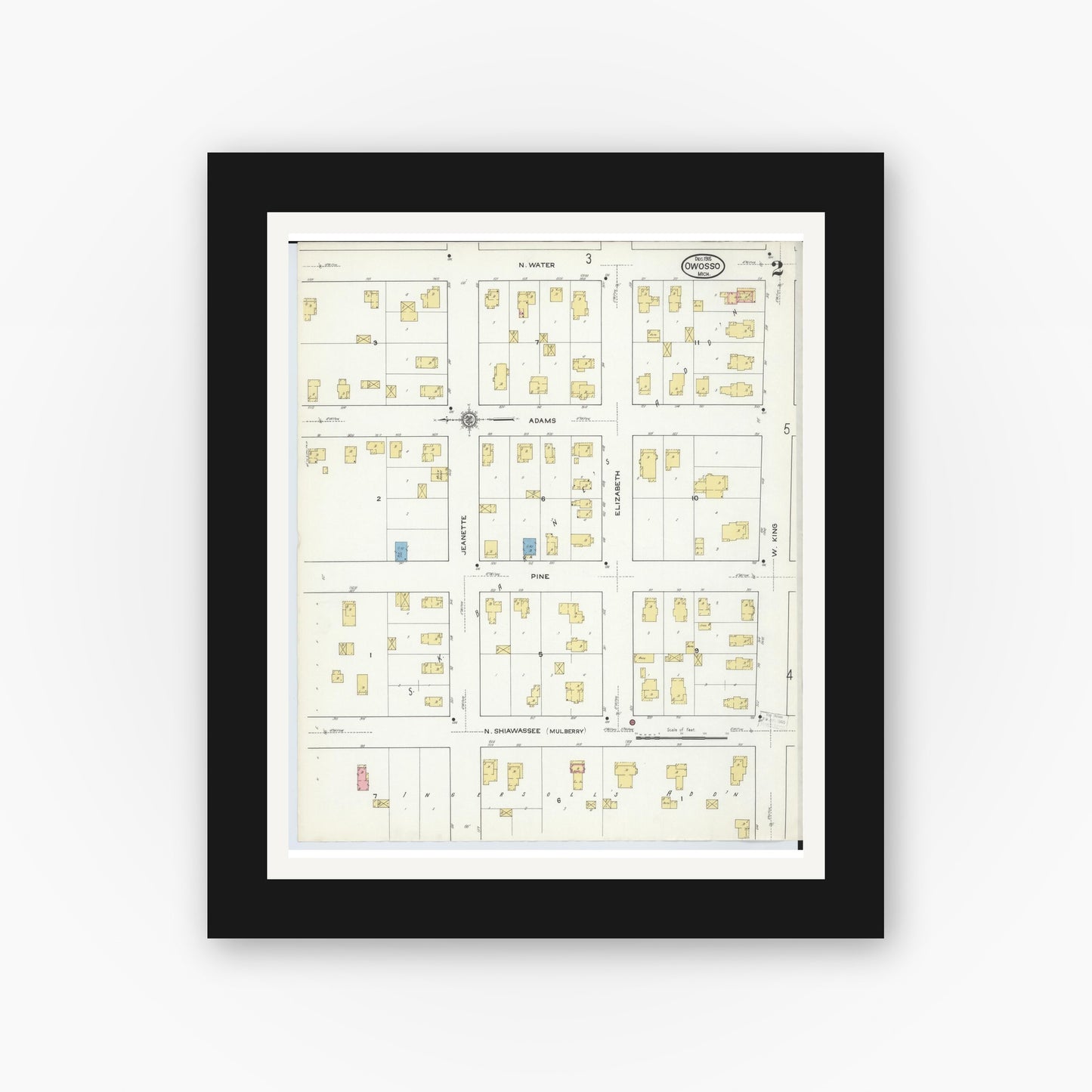 Old map wall art mockup — black gallery frame with white mat — Sanborn Fire Insurance Map from Owosso, Shiawassee County, Michigan (1915), Sheet #0002