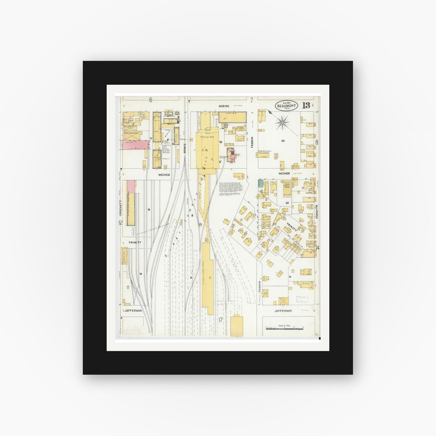 Old map wall art mockup — black gallery frame with white mat — Sanborn Fire Insurance Map from Beaumont, Jefferson County, Texas (1904), Sheet #0013