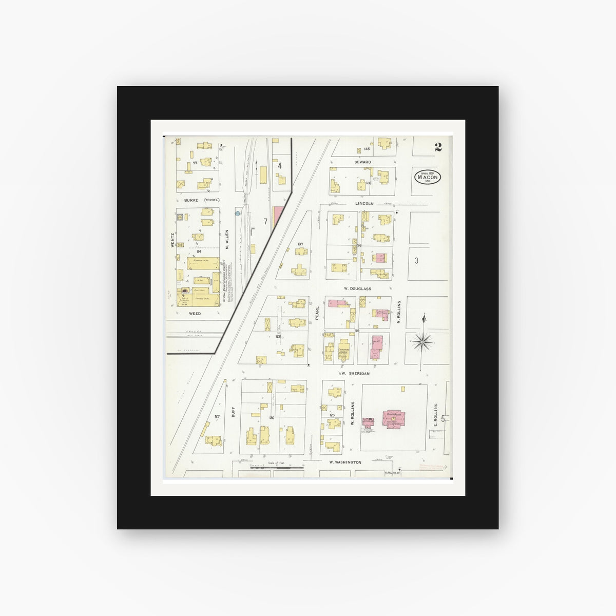 Old map wall art mockup — black gallery frame with white mat — Sanborn Fire Insurance Map from Macon, Macon County, Missouri (1909), Sheet #0002