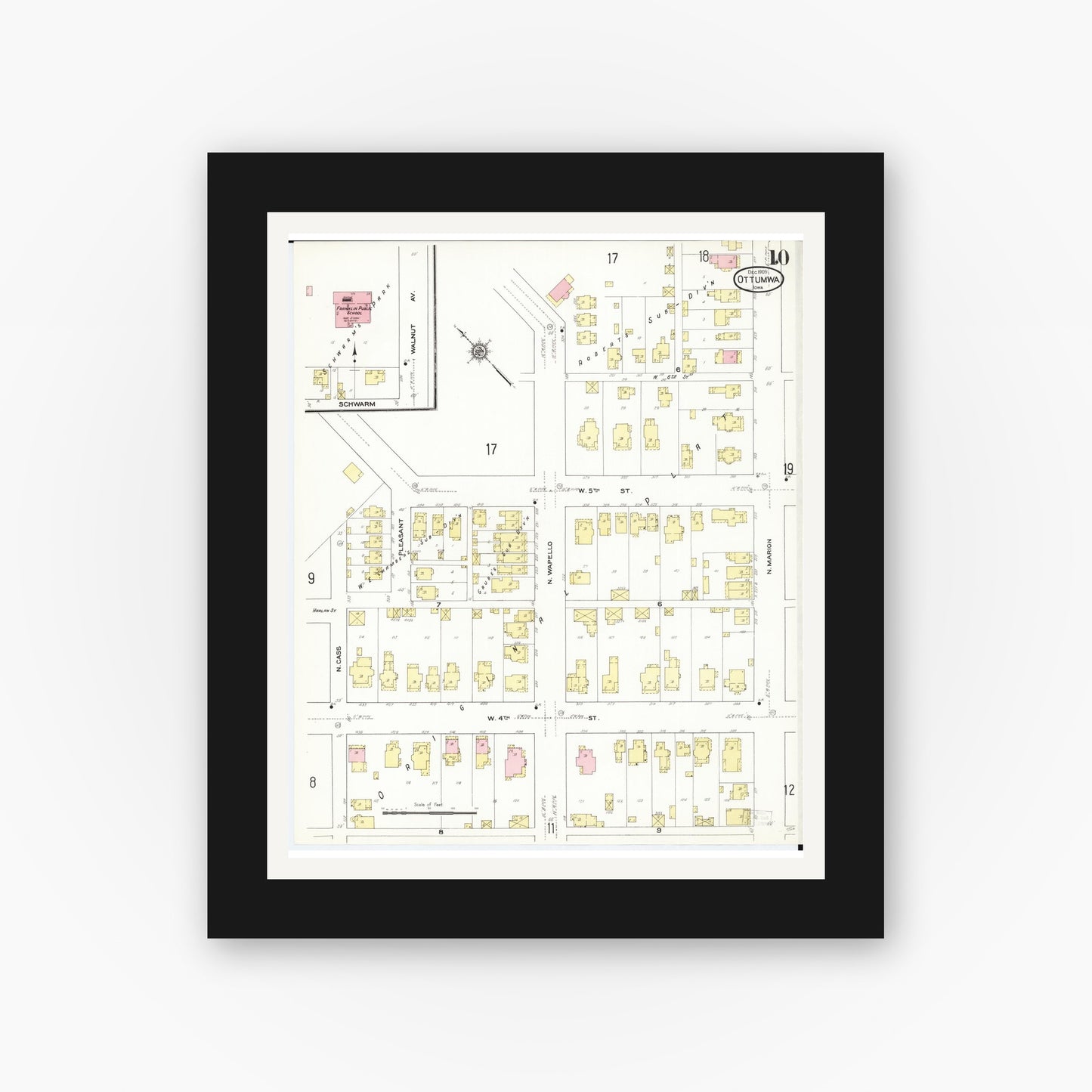 Old map wall art mockup β black gallery frame with white mat β Sanborn Fire Insurance Map from Ottumwa, Wapello County, Iowa (1909), Sheet #0010