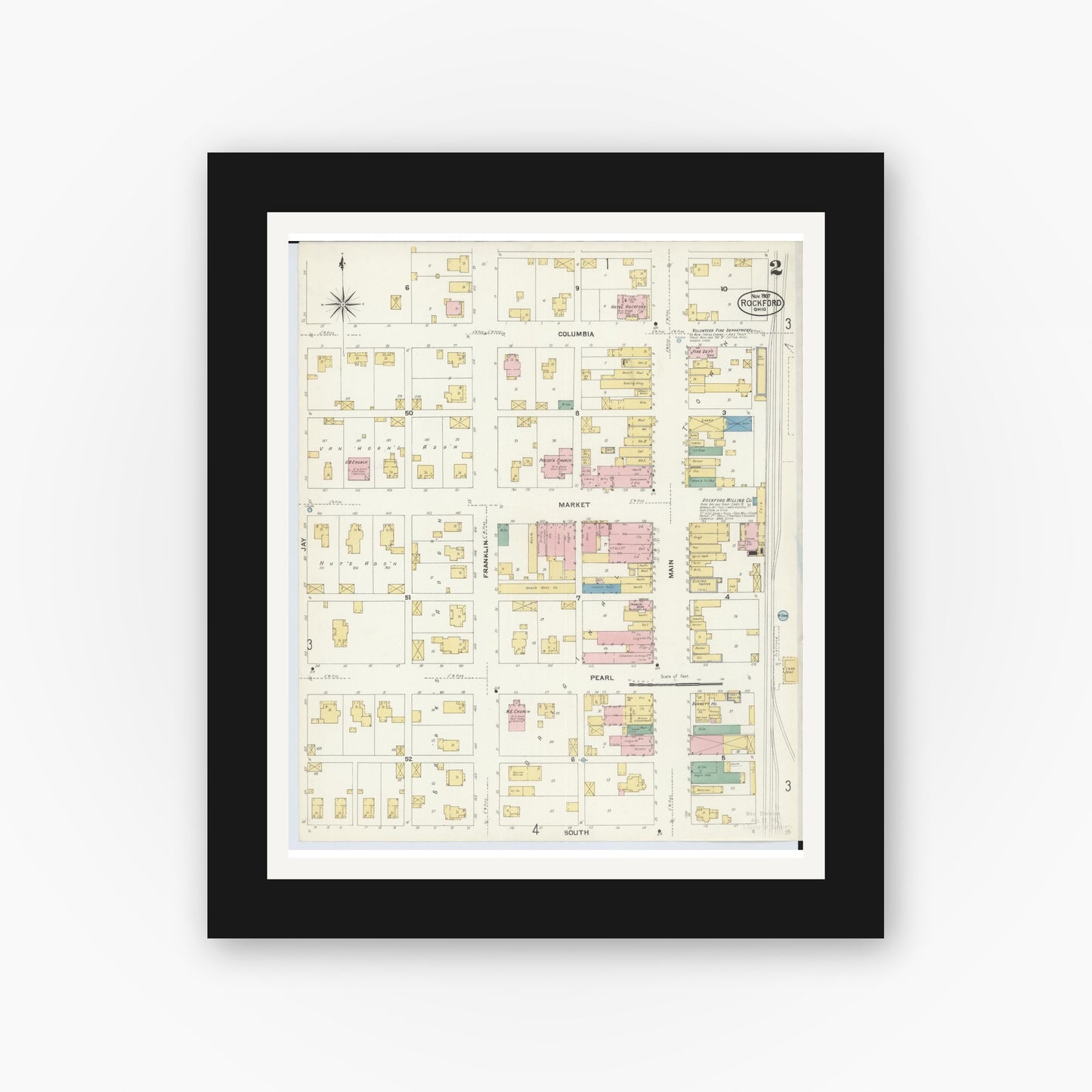 Old map wall art mockup — black gallery frame with white mat — Sanborn Fire Insurance Map from Rockford, Mercer County, Ohio (1907), Sheet #0002