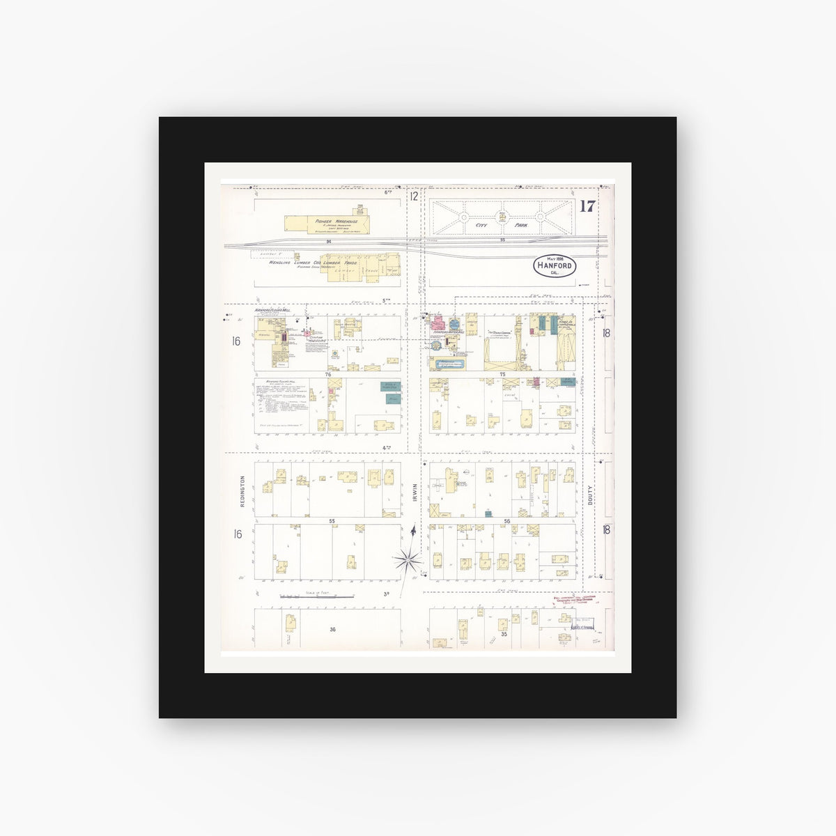 Old map wall art mockup β black gallery frame with white mat β Sanborn Fire Insurance Map from Hanford, Kings County, California (1898), Sheet #0017