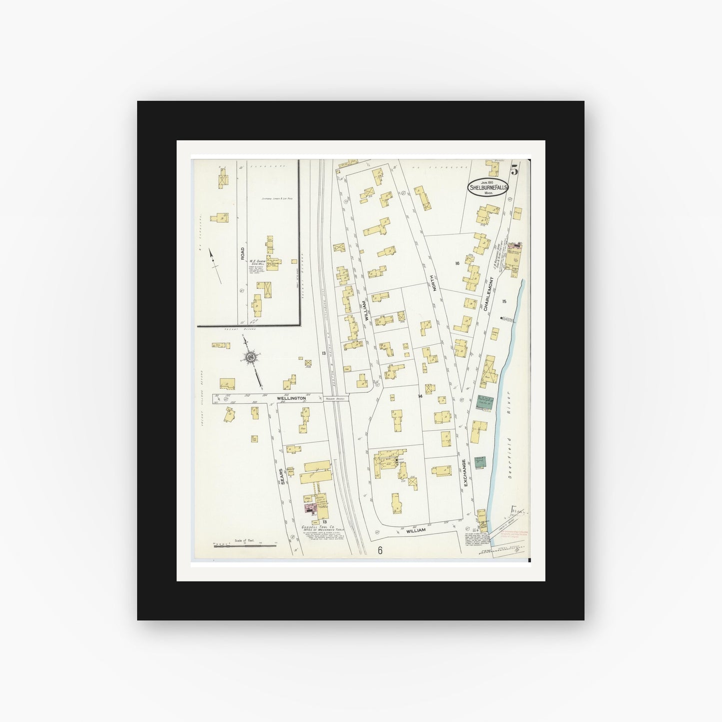 Old map wall art mockup — black gallery frame with white mat — Sanborn Fire Insurance Map from Shelburne Falls, Franklin County, Massachusetts (1910), Sheet #0005