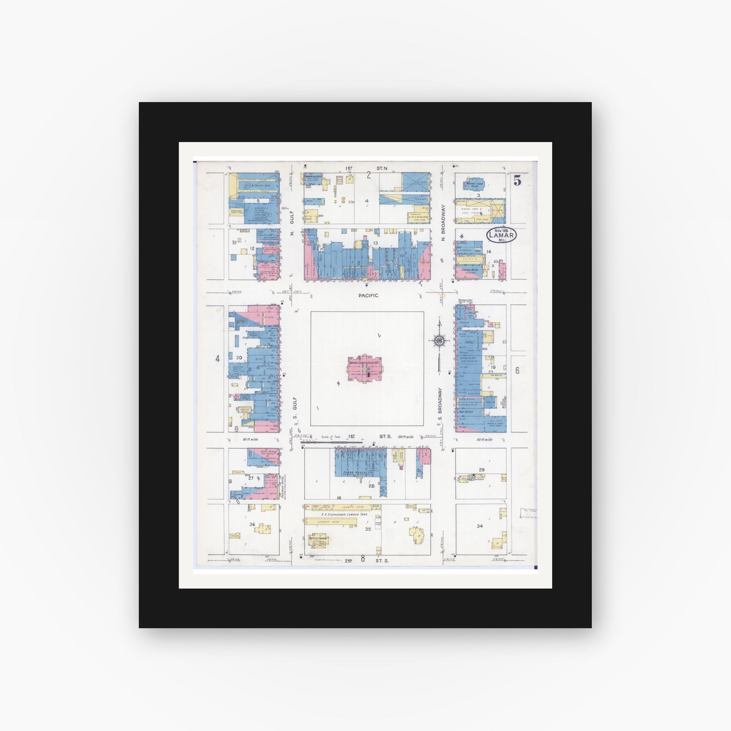 Old map wall art mockup — black gallery frame with white mat — Sanborn Fire Insurance Map from Lamar, Barton County, Missouri (1916), Sheet #0005