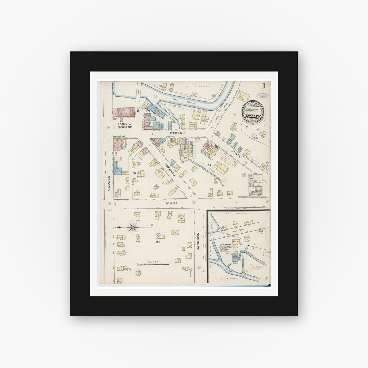 Old map wall art mockup — black gallery frame with white mat — Sanborn Fire Insurance Map from Holley, Orleans County, New York (1885) - Complete Map Set