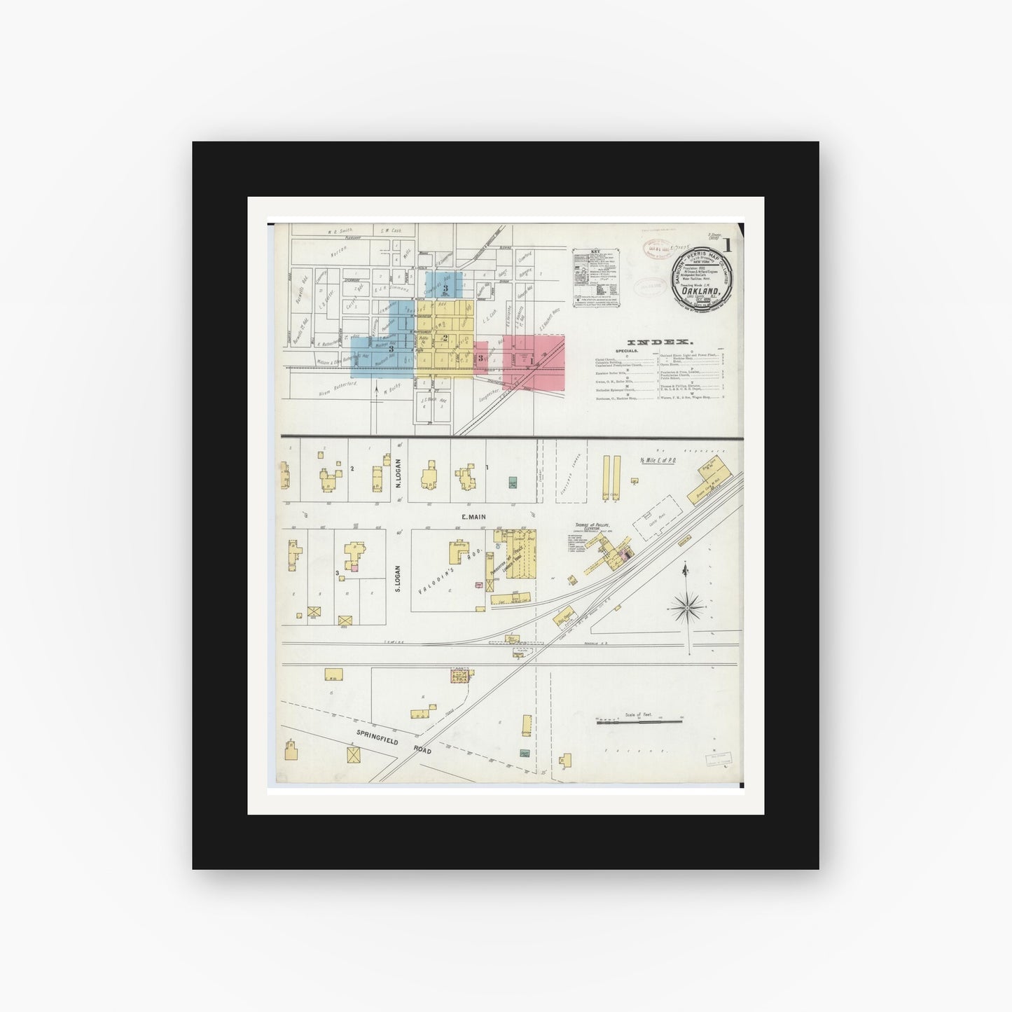 Old map wall art mockup — black gallery frame with white mat — Sanborn Fire Insurance Map from Oakland, Coles County, Illinois (1899) - Complete Map Set