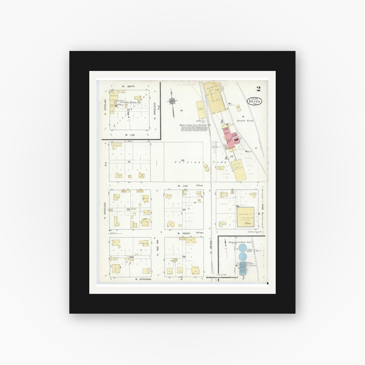Old map wall art mockup — black gallery frame with white mat — Sanborn Fire Insurance Map from Bryan, Brazos County, Texas (1912), Sheet #0002