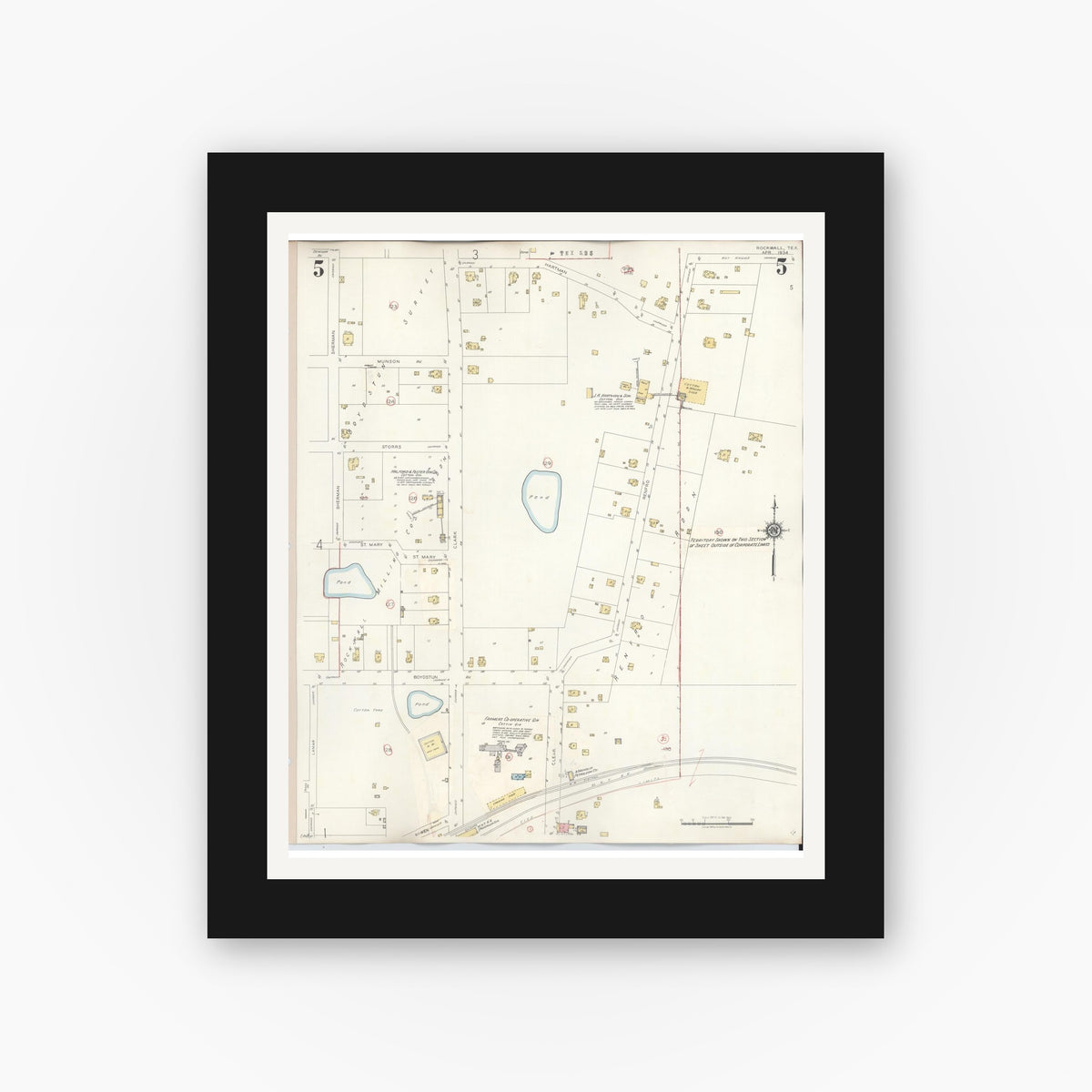 Old map wall art mockup — black gallery frame with white mat — Sanborn Fire Insurance Map from Rockwall, Rockwall County, Texas (1945), Sheet #0005
