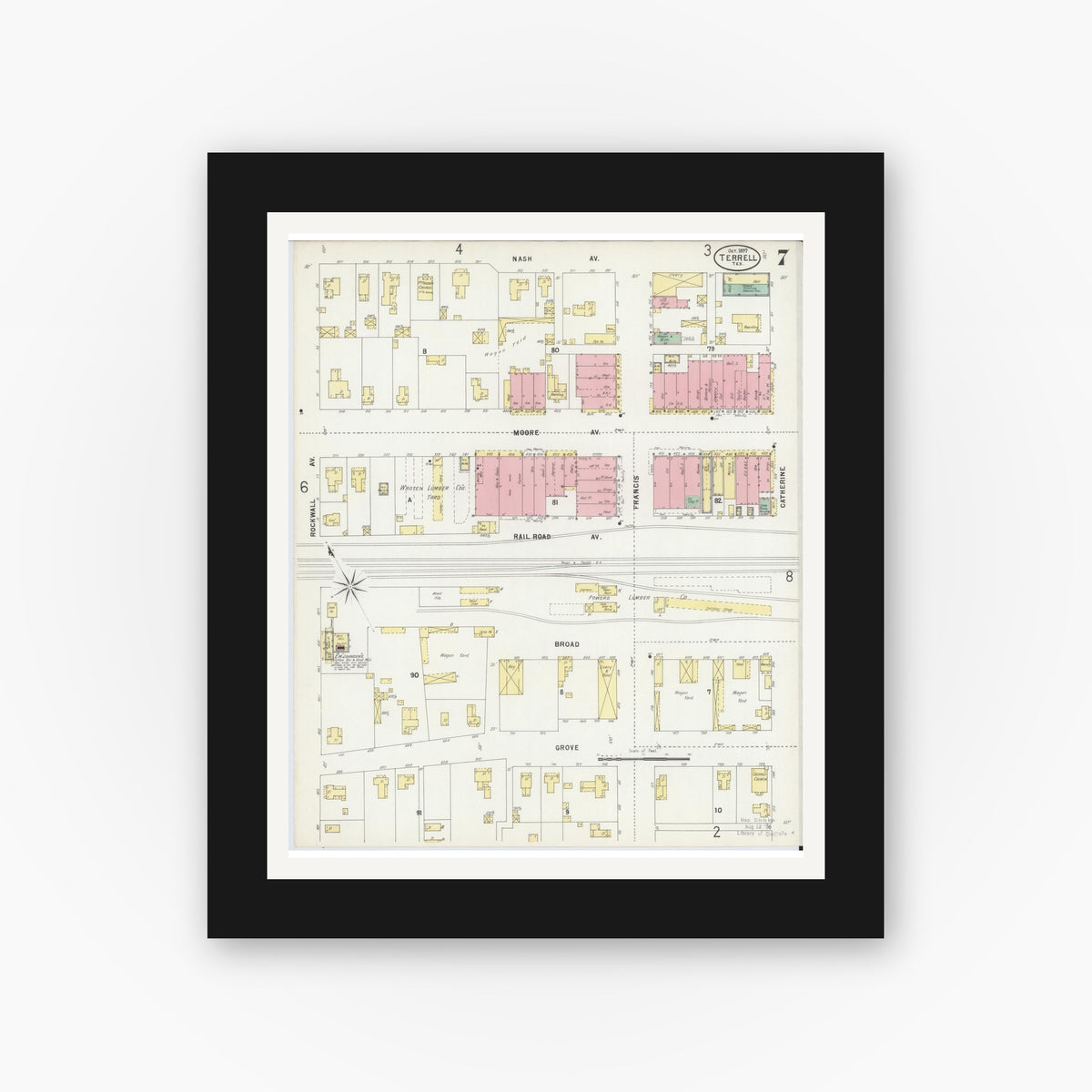 Old map wall art mockup — black gallery frame with white mat — Sanborn Fire Insurance Map from Terrell, Kaufman County, Texas (1897), Sheet #0007