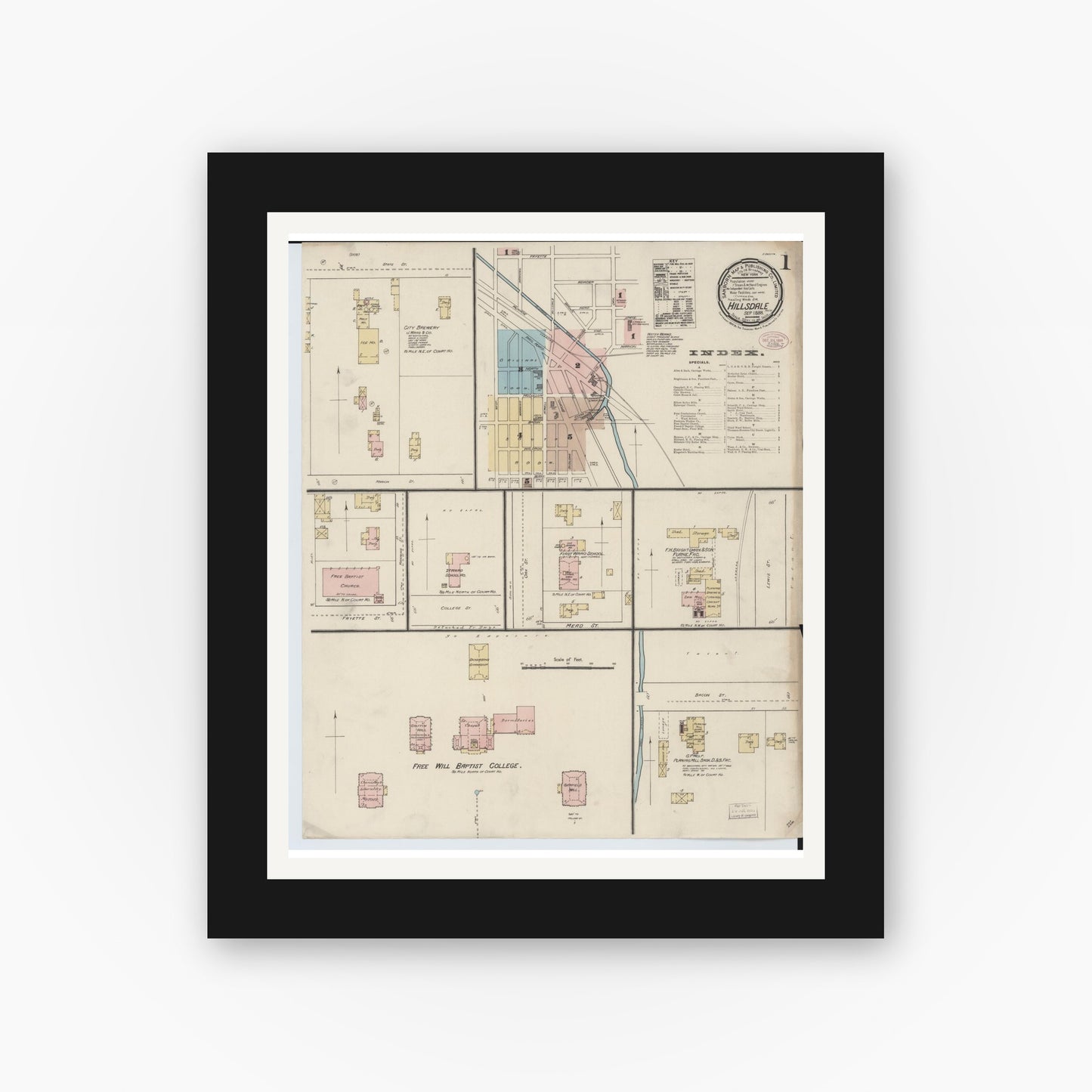 Old map wall art mockup — black gallery frame with white mat — Sanborn Fire Insurance Map from Hillsdale, Hillsdale County, Michigan (1888) - Complete Map Set