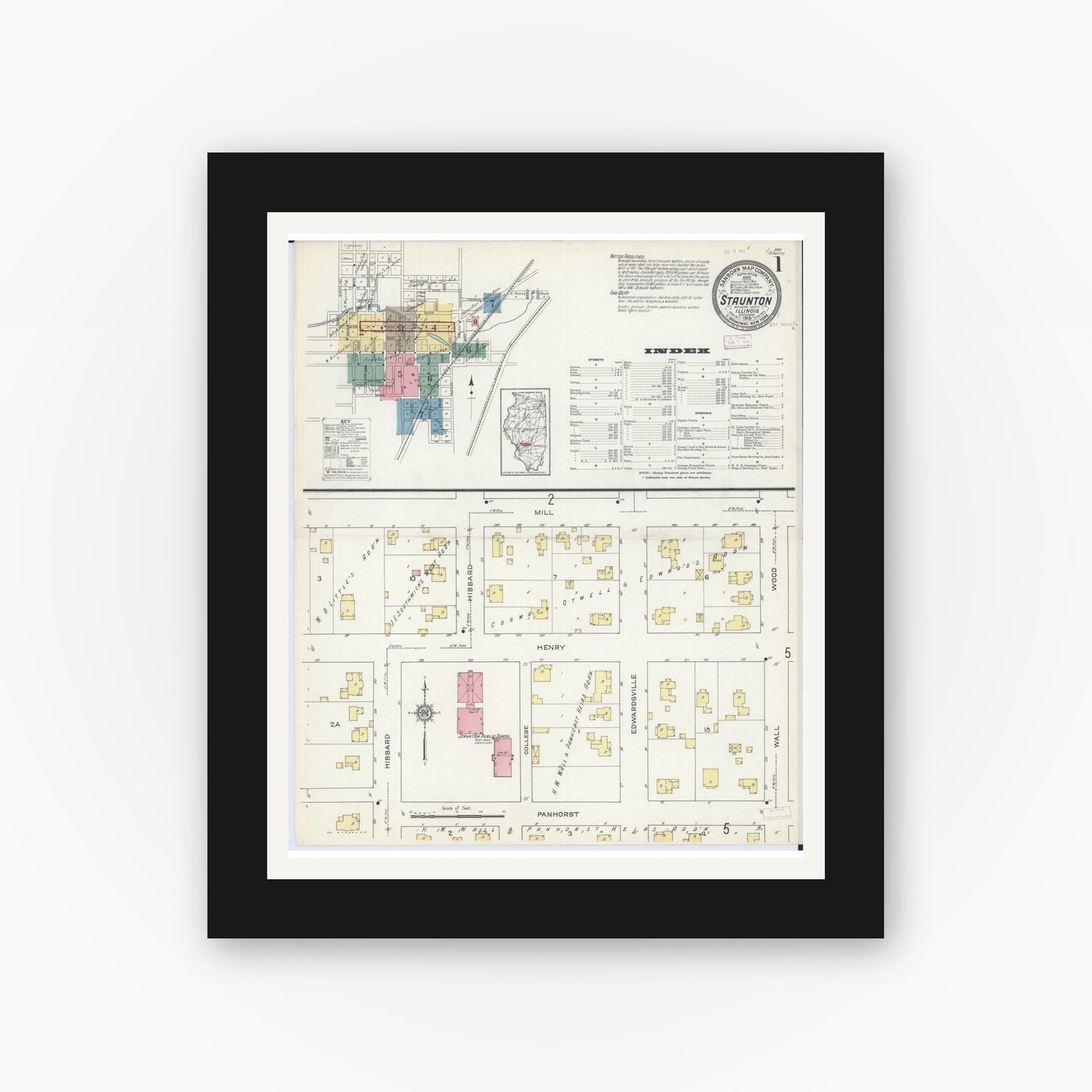 Old map wall art mockup — black gallery frame with white mat — Sanborn Fire Insurance Map from Staunton, Macoupin County, Illinois (1913) - Complete Map Set