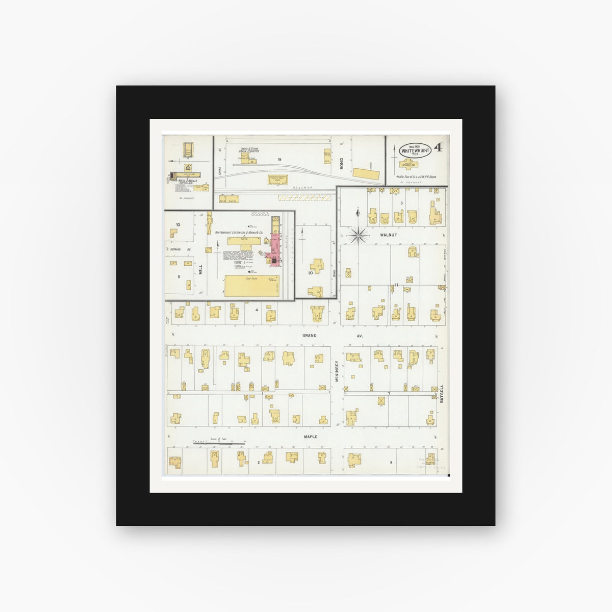 Old map wall art mockup — black gallery frame with white mat — Sanborn Fire Insurance Map from Whitewright, Grayson County, Texas (1900), Sheet #0004