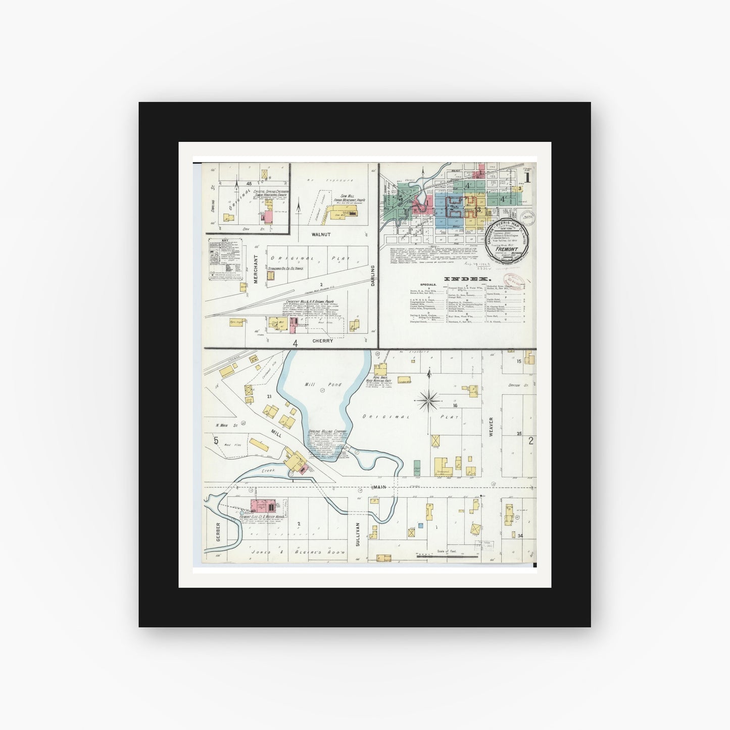 Old map wall art mockup — black gallery frame with white mat — Sanborn Fire Insurance Map from Fremont, Newaygo County, Michigan (1899), Sheet #0001