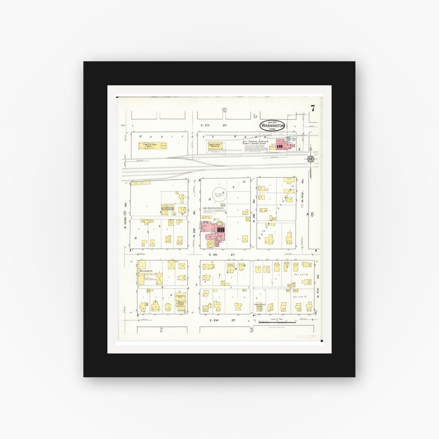 Old map wall art mockup — black gallery frame with white mat — Sanborn Fire Insurance Map from Washington, Washington County, Iowa (1917), Sheet #0007