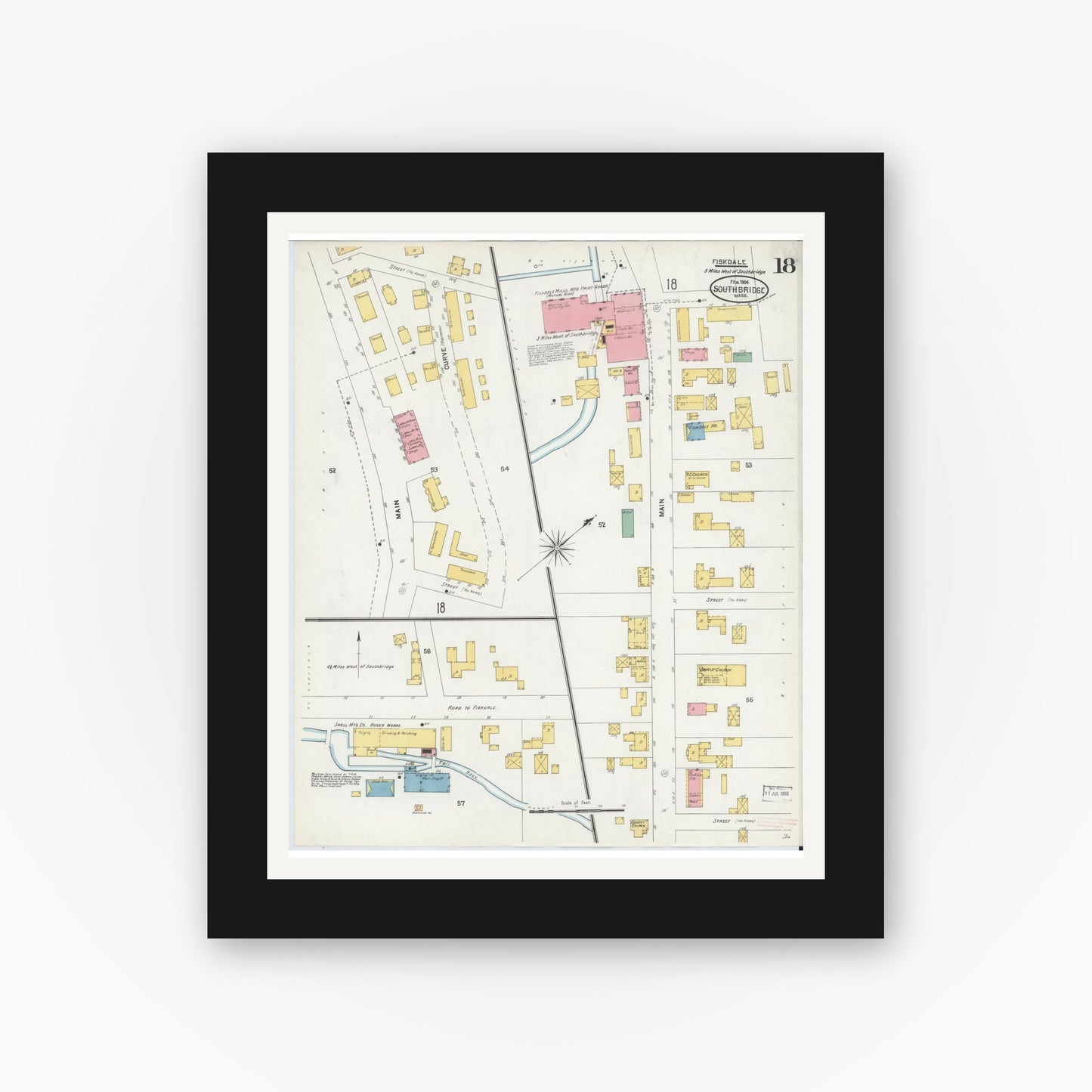 Old map wall art mockup — black gallery frame with white mat — Sanborn Fire Insurance Map from Southbridge, Worcester County, Massachusetts (1904), Sheet #0018