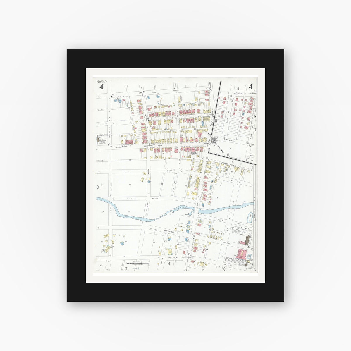 Old map wall art mockup — black gallery frame with white mat — Sanborn Fire Insurance Map from Denver, Lancaster County, Pennsylvania (1947), Sheet #0004