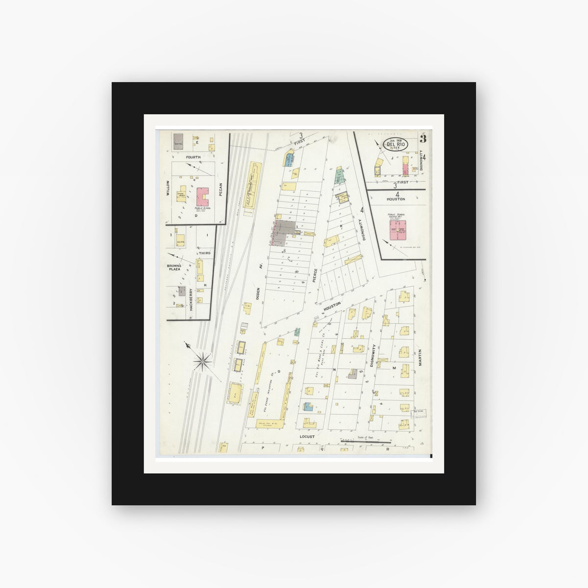 Old map wall art mockup — black gallery frame with white mat — Sanborn Fire Insurance Map from Del Rio, Val Verde County, Texas (1909), Sheet #0003
