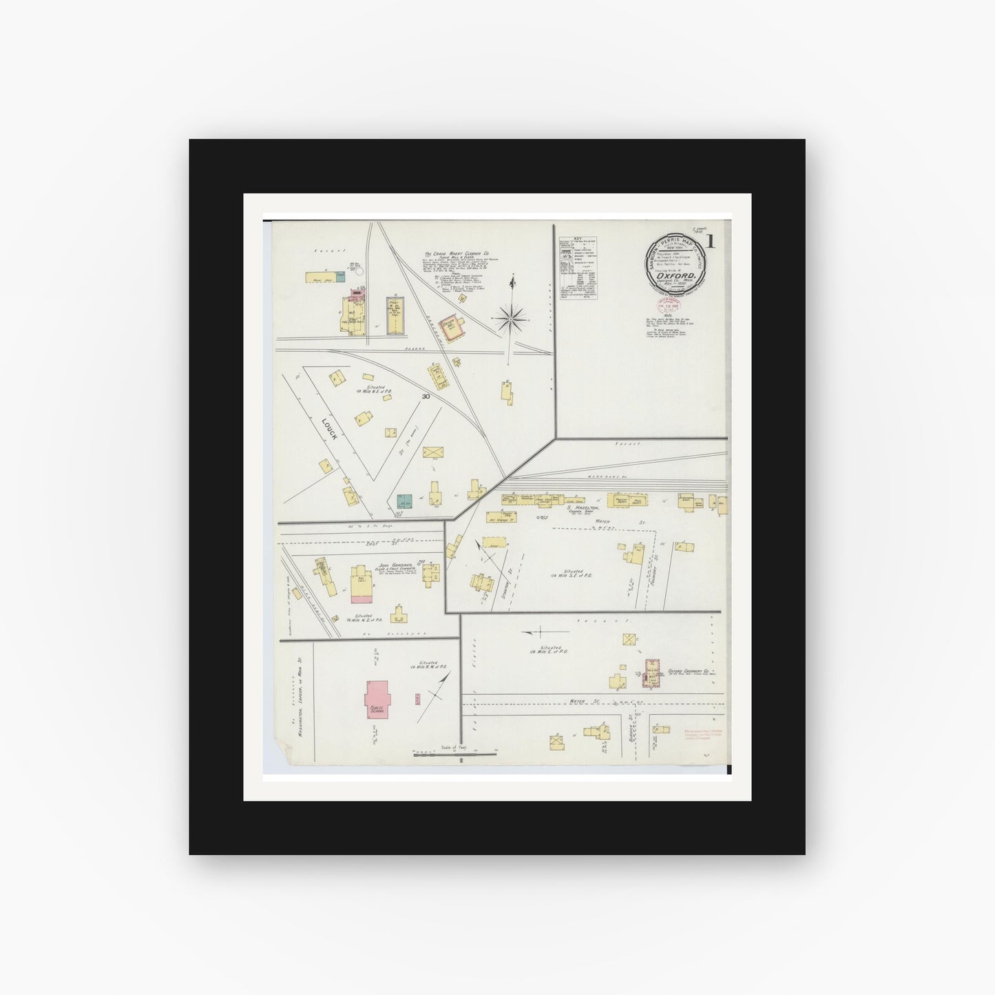 Old map wall art mockup — black gallery frame with white mat — Sanborn Fire Insurance Map from Oxford, Oakland County, Michigan (1895) - Complete Map Set