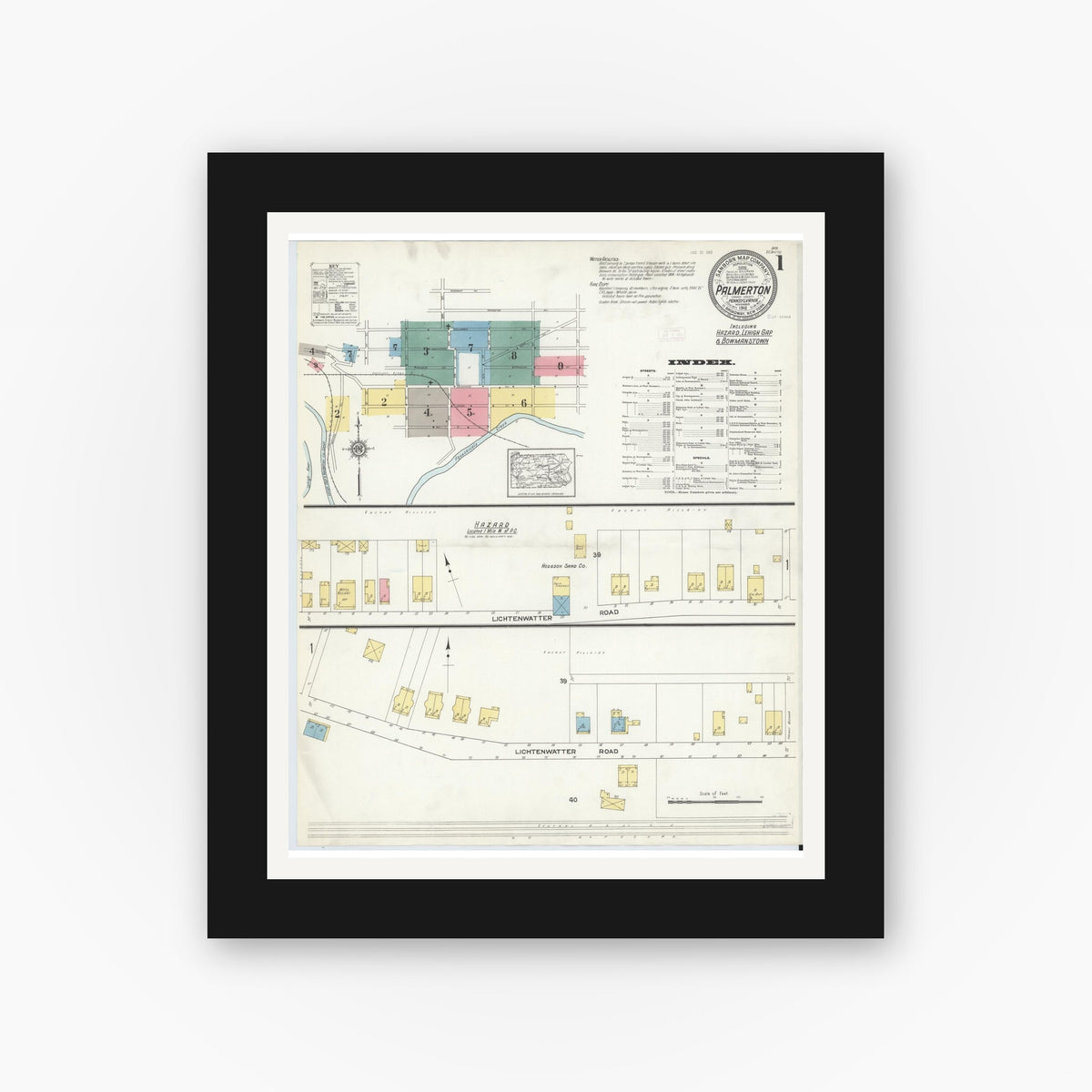 Old map wall art mockup — black gallery frame with white mat — Sanborn Fire Insurance Map from Palmerton, Carbon County, Pennsylvania (1912) - Complete Map Set