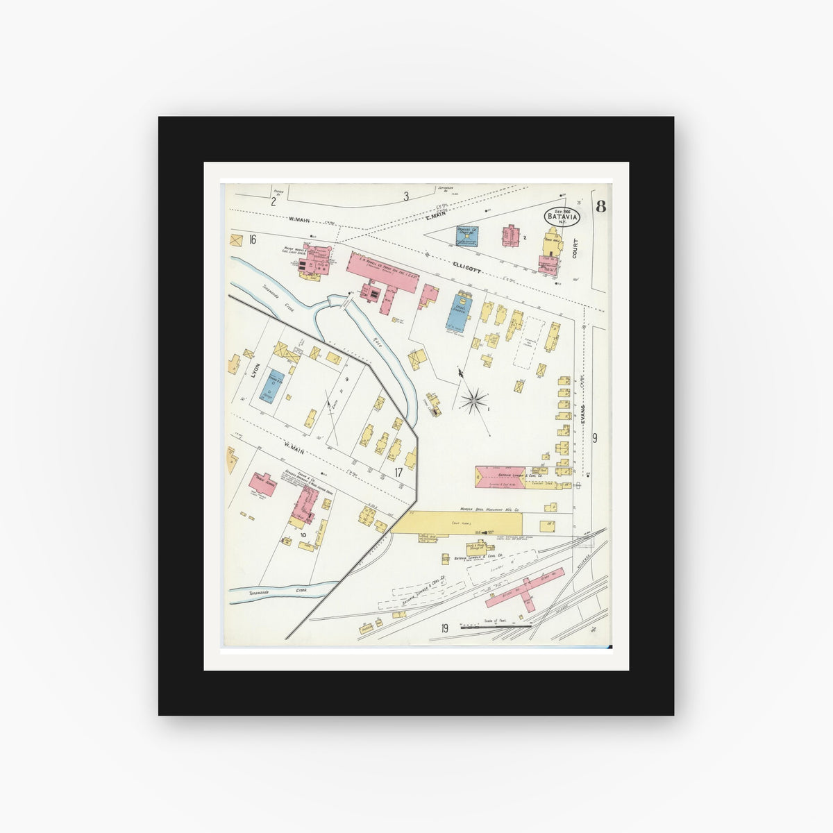 Old map wall art mockup — black gallery frame with white mat — Sanborn Fire Insurance Map from Batavia, Genesee County, New York (1906), Sheet #0008