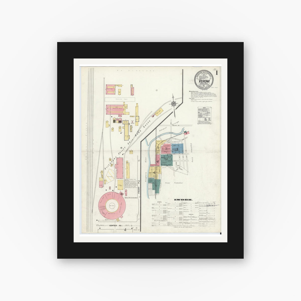 Old map wall art mockup — black gallery frame with white mat — Sanborn Fire Insurance Map from Verona, Allegheny County, Pennsylvania (1911) - Complete Map Set