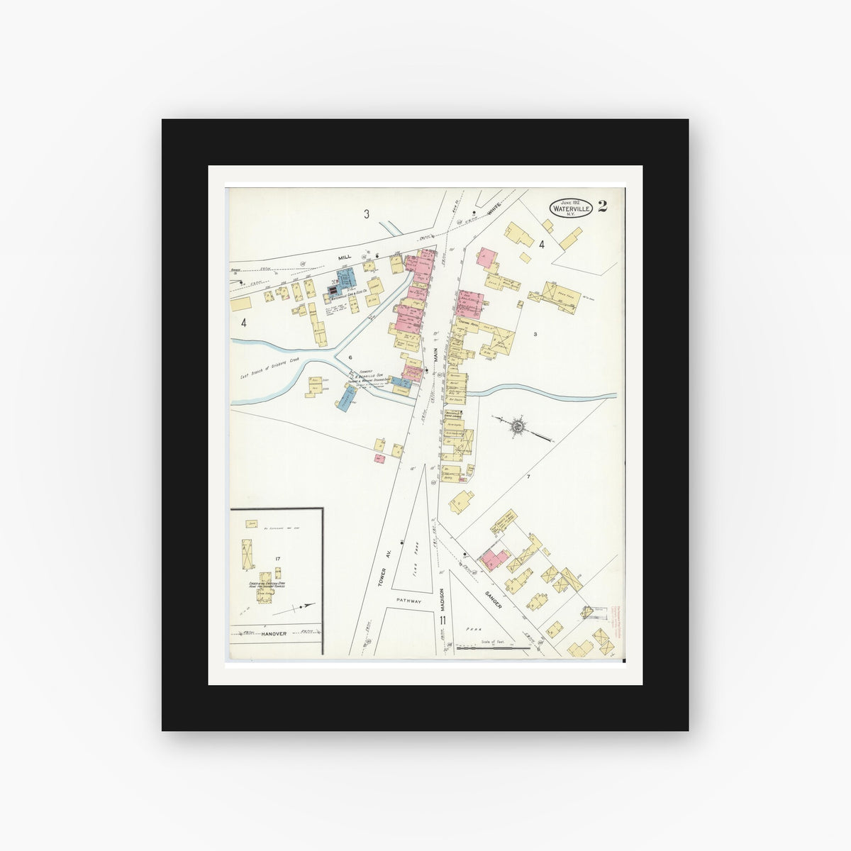 Old map wall art mockup — black gallery frame with white mat — Sanborn Fire Insurance Map from Waterville, Oneida County, New York (1912), Sheet #0002