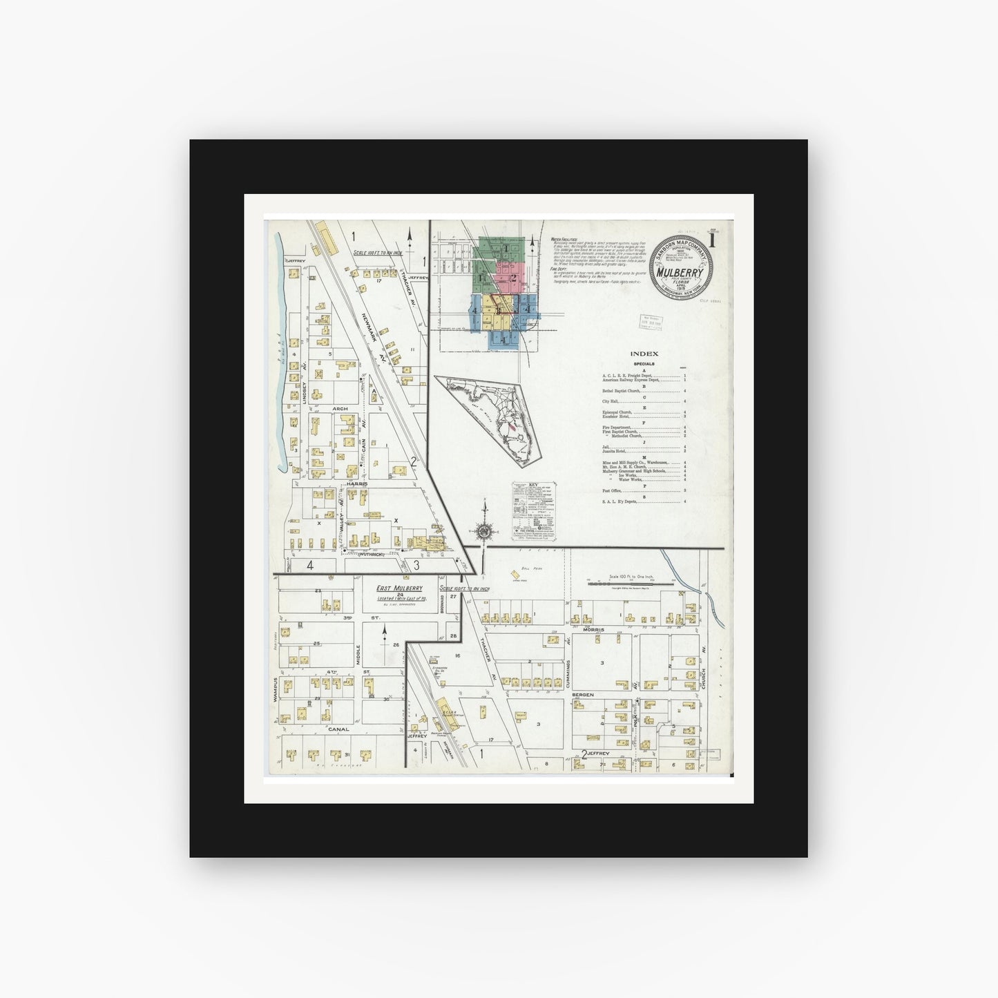 Old map wall art mockup — black gallery frame with white mat — Sanborn Fire Insurance Map from Mulberry, Polk County, Florida (1919) - Complete Map Set