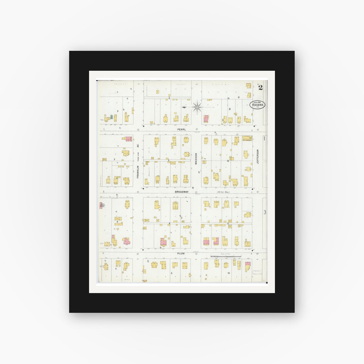 Old map wall art mockup — black gallery frame with white mat — Sanborn Fire Insurance Map from Havana, Mason County, Illinois (1899), Sheet #0002