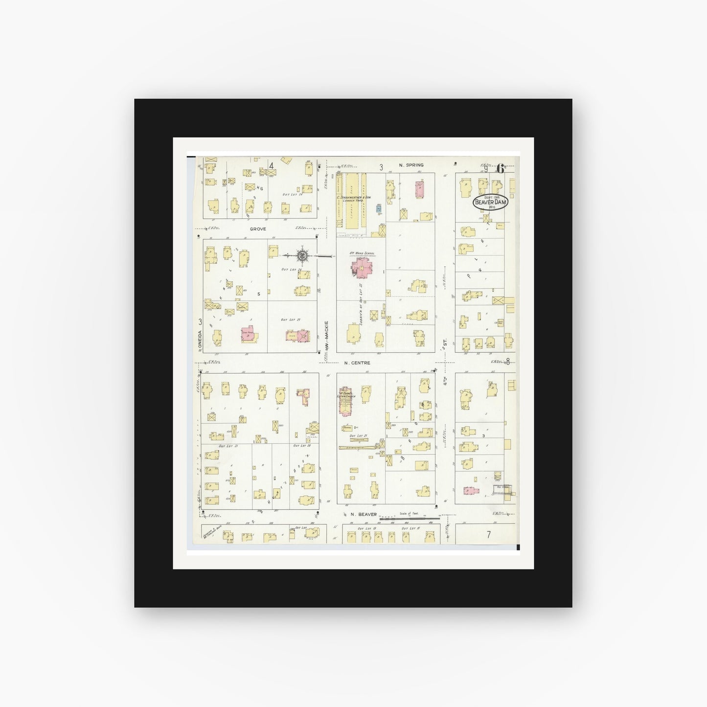 Old map wall art mockup — black gallery frame with white mat — Sanborn Fire Insurance Map from Beaver Dam, Dodge County, Wisconsin (1914), Sheet #0006