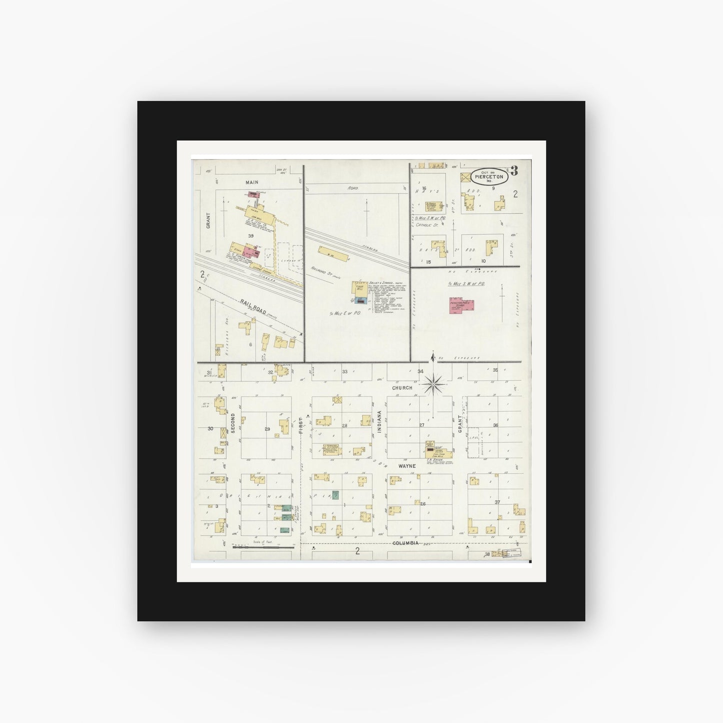 Old map wall art mockup — black gallery frame with white mat — Sanborn Fire Insurance Map from Pierceton, Kosciusko County, Indiana (1901), Sheet #0003